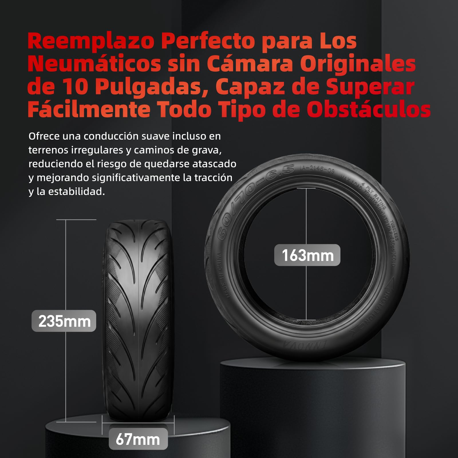 Neumático sin cámara 60/70-6.5 con válvula para Segway Ninebot Max G30/G30D/G30D2 Scooter eléctrico, Rueda Patinete 10 pulgadas, Neumáticos de repuesto de alta elasticidad Antideslizante