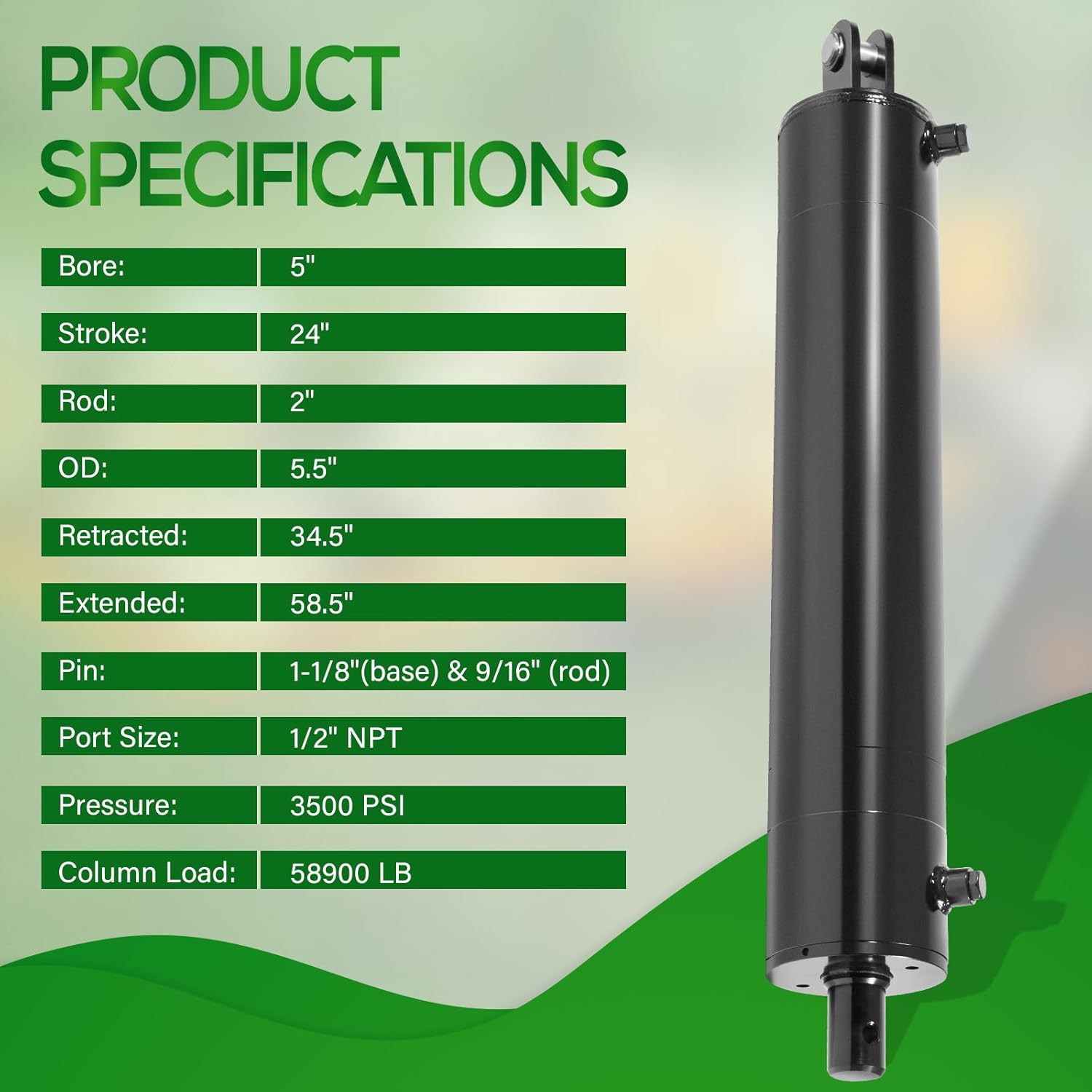 Upgrade 5"x24" Heavy Duty Hydraulic Cylinders Log Splitter Hydraulic Cylinder Double Acting Universal Hydraulic Cylinder 5" Bore 24" Stroke 2" Rod 3500 PSI