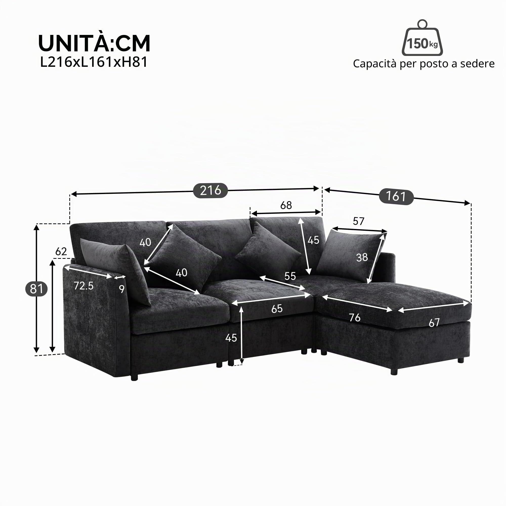 Azkoeesy Moderno divano angolare a forma di L con poggiapiedi, 3-4 posti, in ciniglia, con 4 cuscini, per soggiorno, 216 x 161 x 81 cm (grigio)
