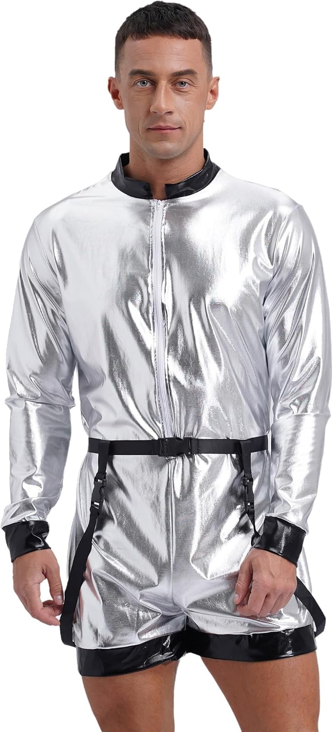 Oyolan Men Astronaut Space Costume Shiny Metallic Zipper Bodysuit with Belt Halloween Cosplay Fancy Dress
