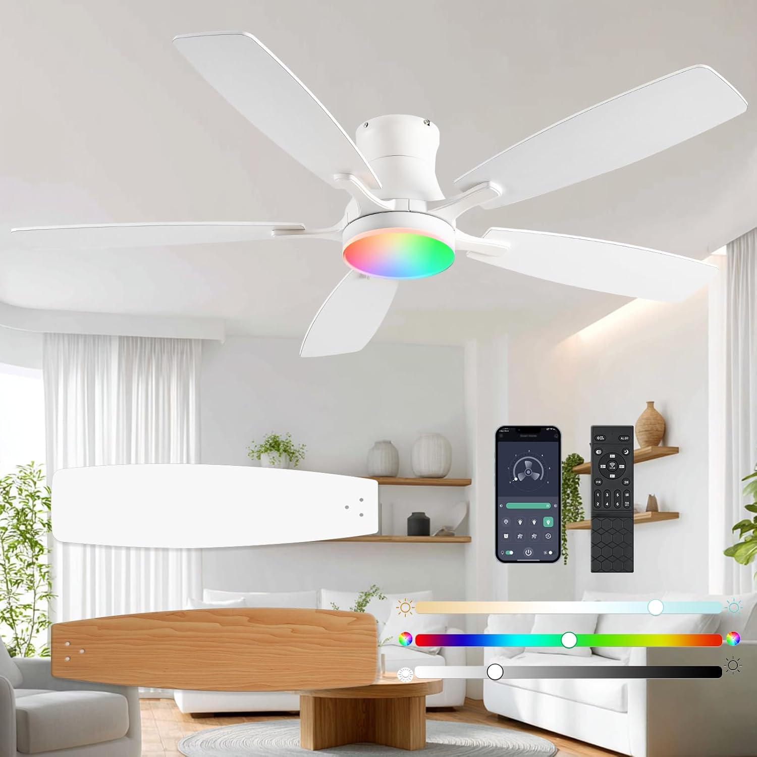 Ceiling fans with Lights, 54Inch RGB Low Profile Ceiling fan with Light and Remote Control, Dimmable, Reversible DC Motor, Noiseless, 6 Speeds, Flush Mount White Ceiling Fan For Livingroom