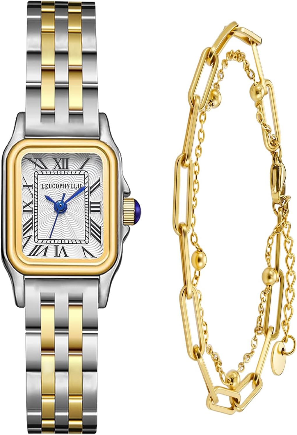 Small Gold Watches for Women with Vintage Rectangular Case, Classic Roman Dial,Stainless Steel Band Water Resistant with Bracelet Chain