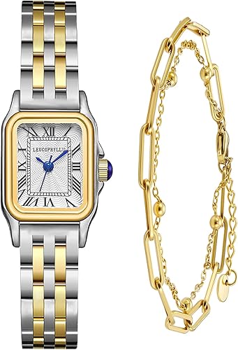 Relojes pequeños de oro para mujer con funda rectangular vintage, esfera romana clásica, banda de acero inoxidable resistente al agua con cadena de