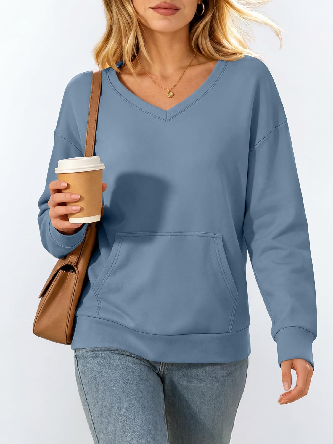 ANRABESS Womens V Neck Long Sleeve Sweatshirts | Soft Comfy Fleece , Pullover Tops with Pockets, Loose Fit,Casual&Trendy, Daily&Work&Travel Outfits，Fall Winter Clothes