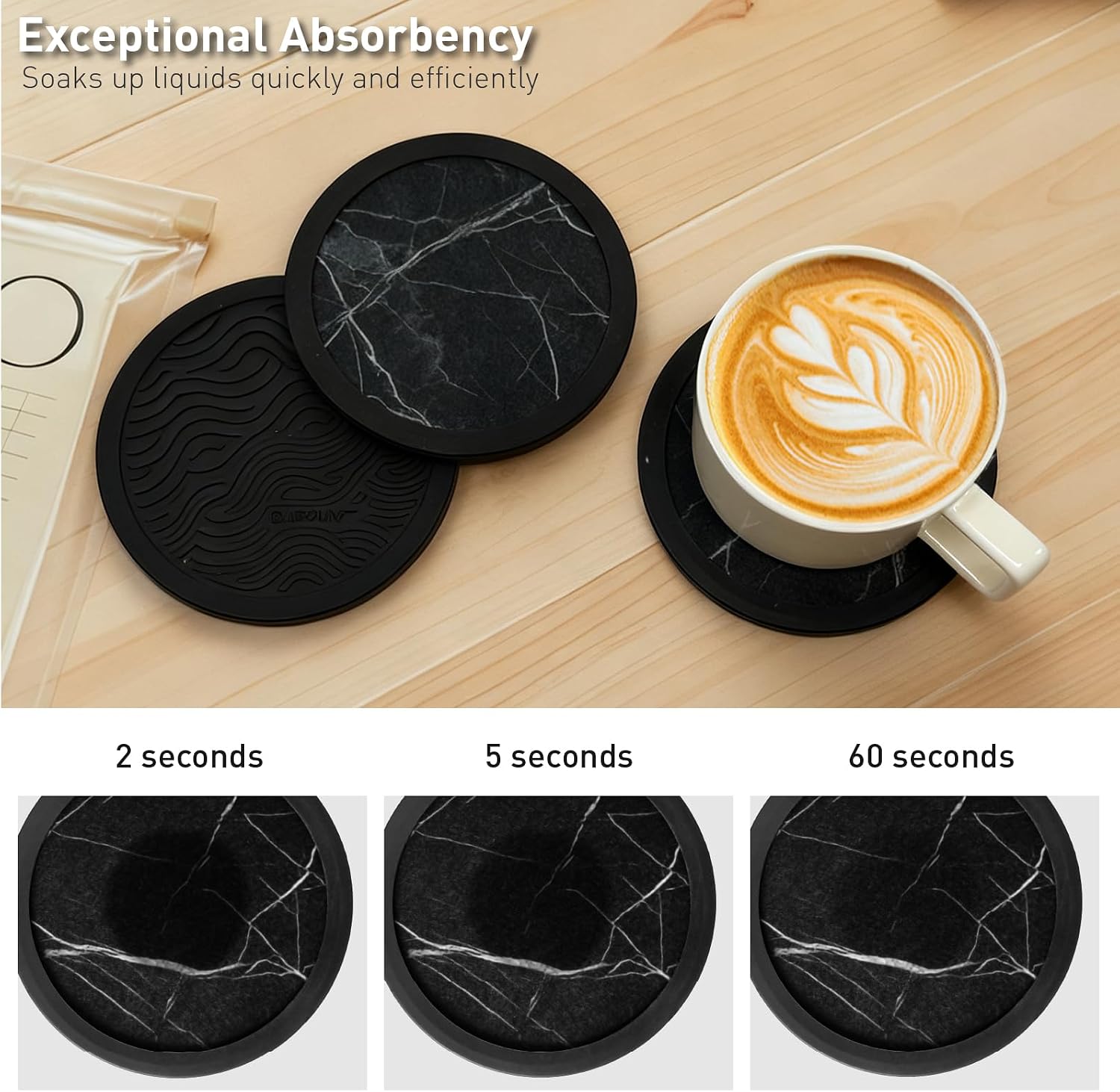 Set of 6 Non-Slip Silicone Coasters with Holder, Double-Sided Absorbent for Hot/Cold Drinks, Scratch & Water Ring Protection for Wood Tables, Home Office Bar, Black Gold Marble (Black White Pattern)