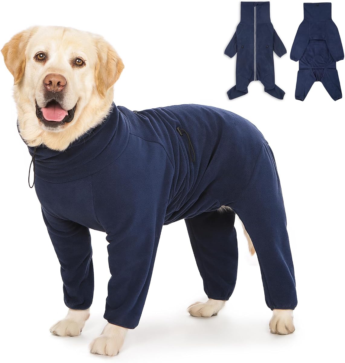 Dog Winter Coat for Large Medium Small Dogs, Warm Fleece High Collar Full Body Dog Jumpsuit Comfortable Onesie Apparel (Dark Blue, X-Large)