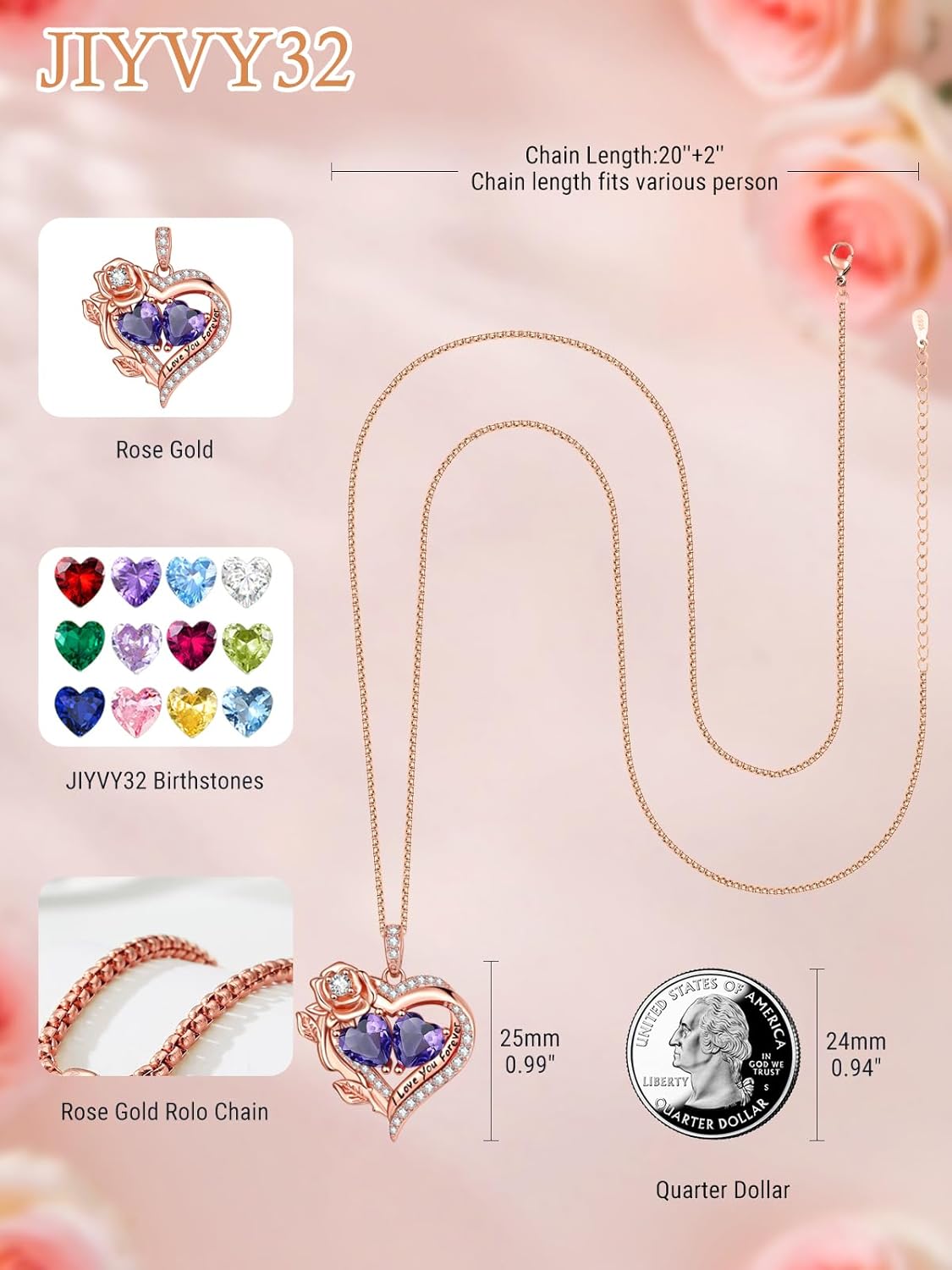 Anniversary Birthday Gifts Wife Girlfriend Long Distance Forever Love Rose Gold Heart Pendant Garnet Blue Topaz Jan Dec Birthstone Exquisite Jewelry