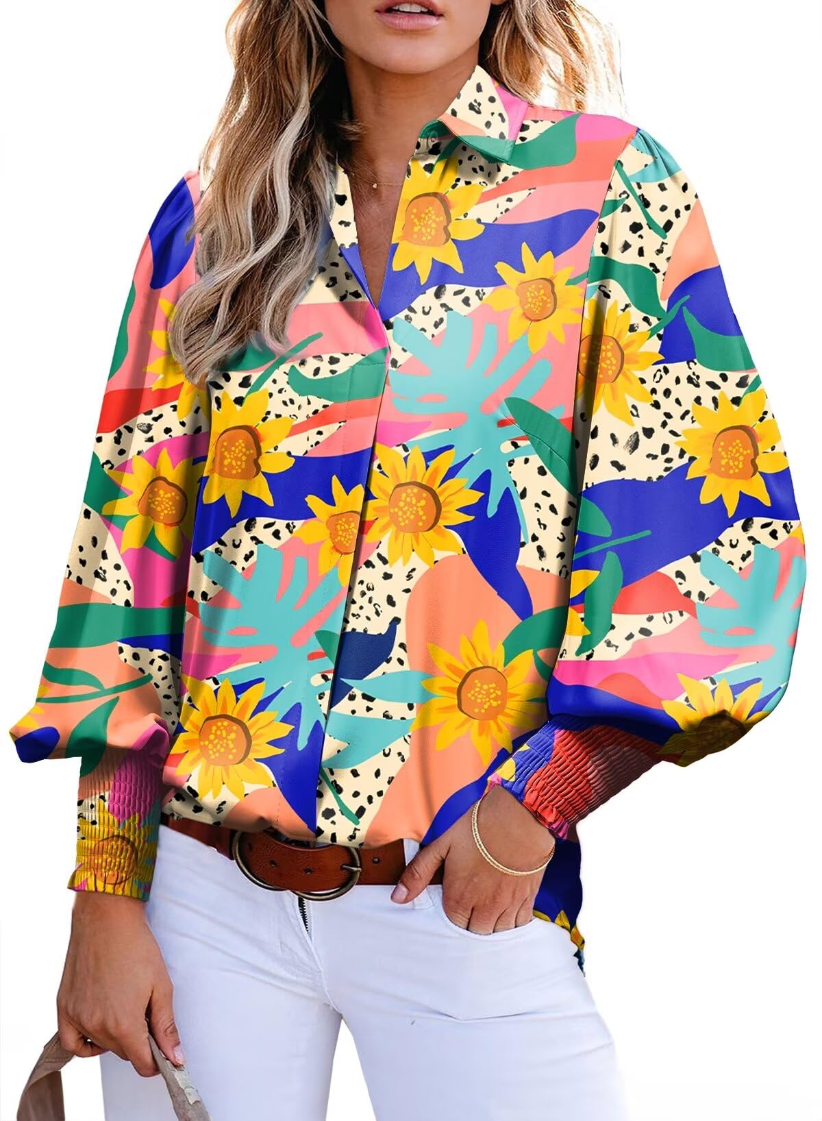 Astylish Womens Loose V Neck Oversized Shirts Paisley Print Lantern Sleeve Blouse Dressy Casual Boho Flowy Bottom Down Tops