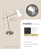 Vista 2 de HarvestLand HaloBar Brass Desk Lamp Home Office – White Industrial Table Lamp with Solid Base for Office, Reading Lamps for Bedside Table, Study and