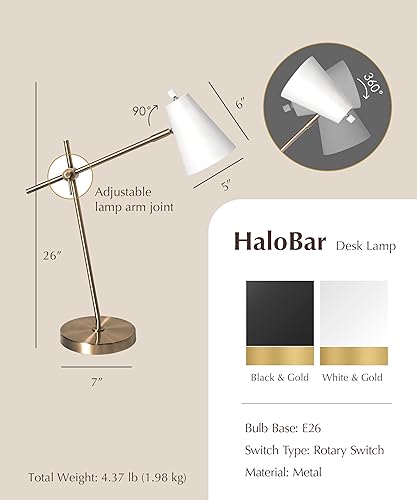Miniatura 2 de HarvestLand HaloBar Brass Desk Lamp Home Office – White Industrial Table Lamp with Solid Base for Office, Reading Lamps for Bedside Table, Study and