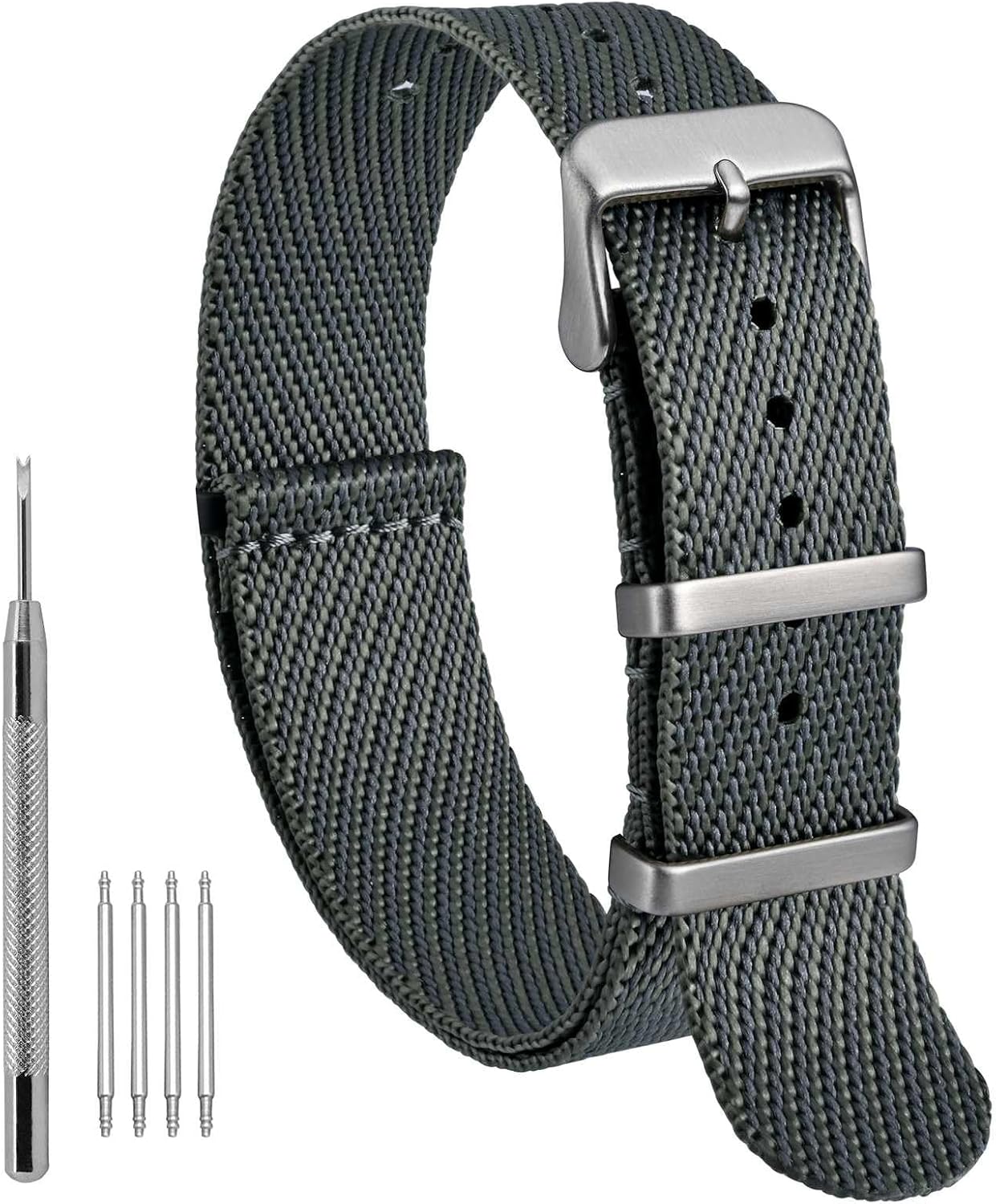 WOCCI 20mm Military Nylon Watch Band, One-piece Nylon Strap for Men and Women, Silver Buckle (Smog)
