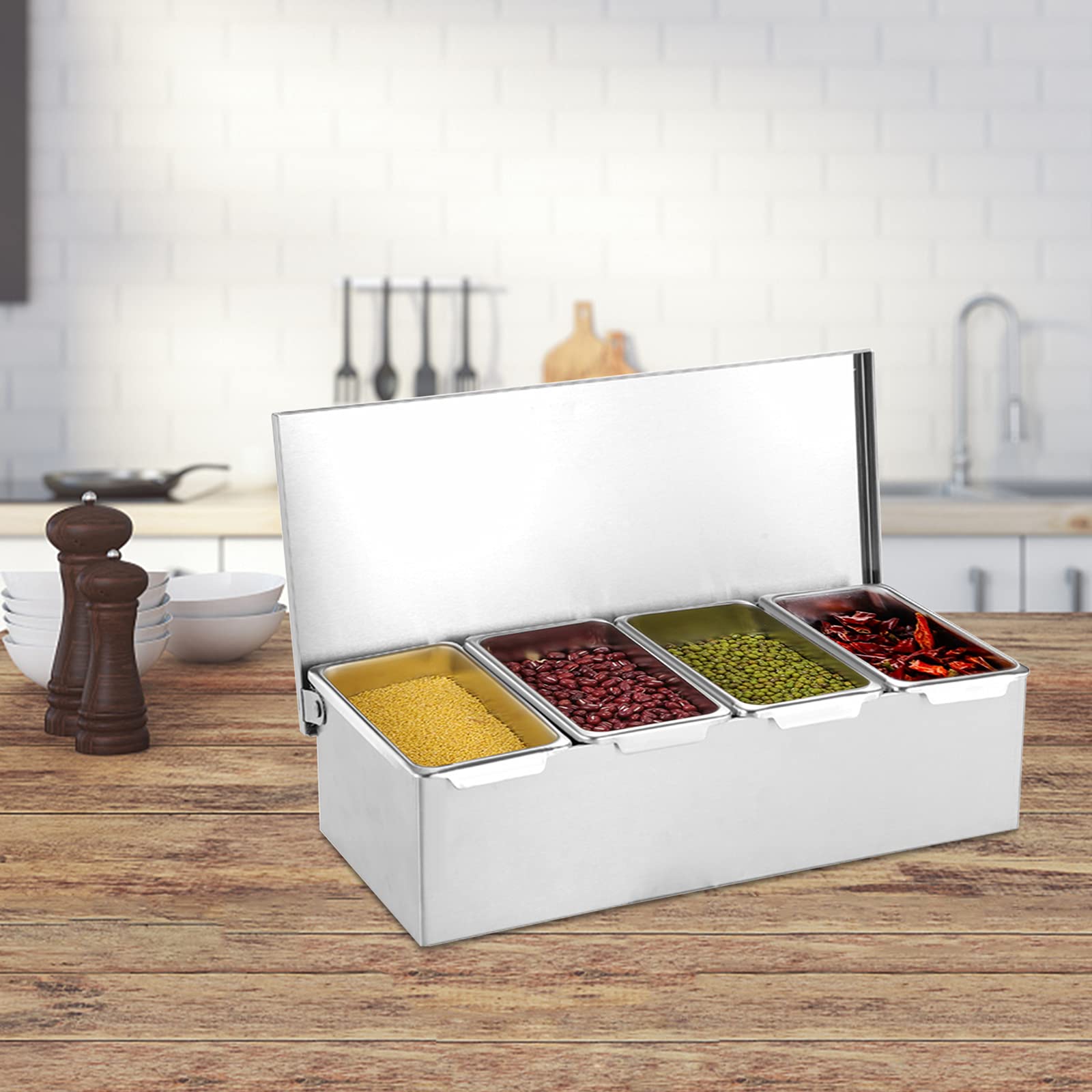 Zutatenbehälter, 4 Edelstahl Behälter mit Deckel, Abnehmbar Gewürz Behälter, Beilagenbehälter, Obstkiste, Pizzastation, Gewürzgläser, für Obst, Toppings, Salz, MSG, Snacks, 31 x 15 x 8.8 cm