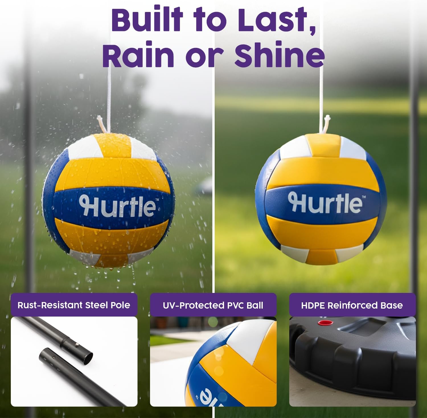 Hurtle Tetherball Ball and Rope Set – Portable Tether Ball with Heavy Duty Base and Adjustable Steel Pole 4-9 ft – Tool-Free Setup for Kids and Adults, Backyard Family Fun Outdoor Game
