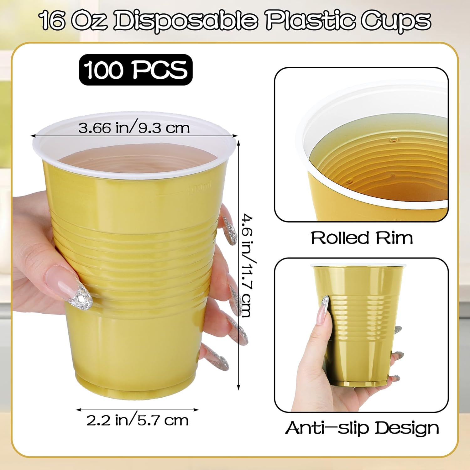 Kochorie 100 Pack 16 Ounce Disposable Plastic Cups Black and Gold Plastic Party Cups Heavy Duty Drinking Cup Bulk for Party Graduation Wedding Birthday Halloween Festival Supplies - Image 2