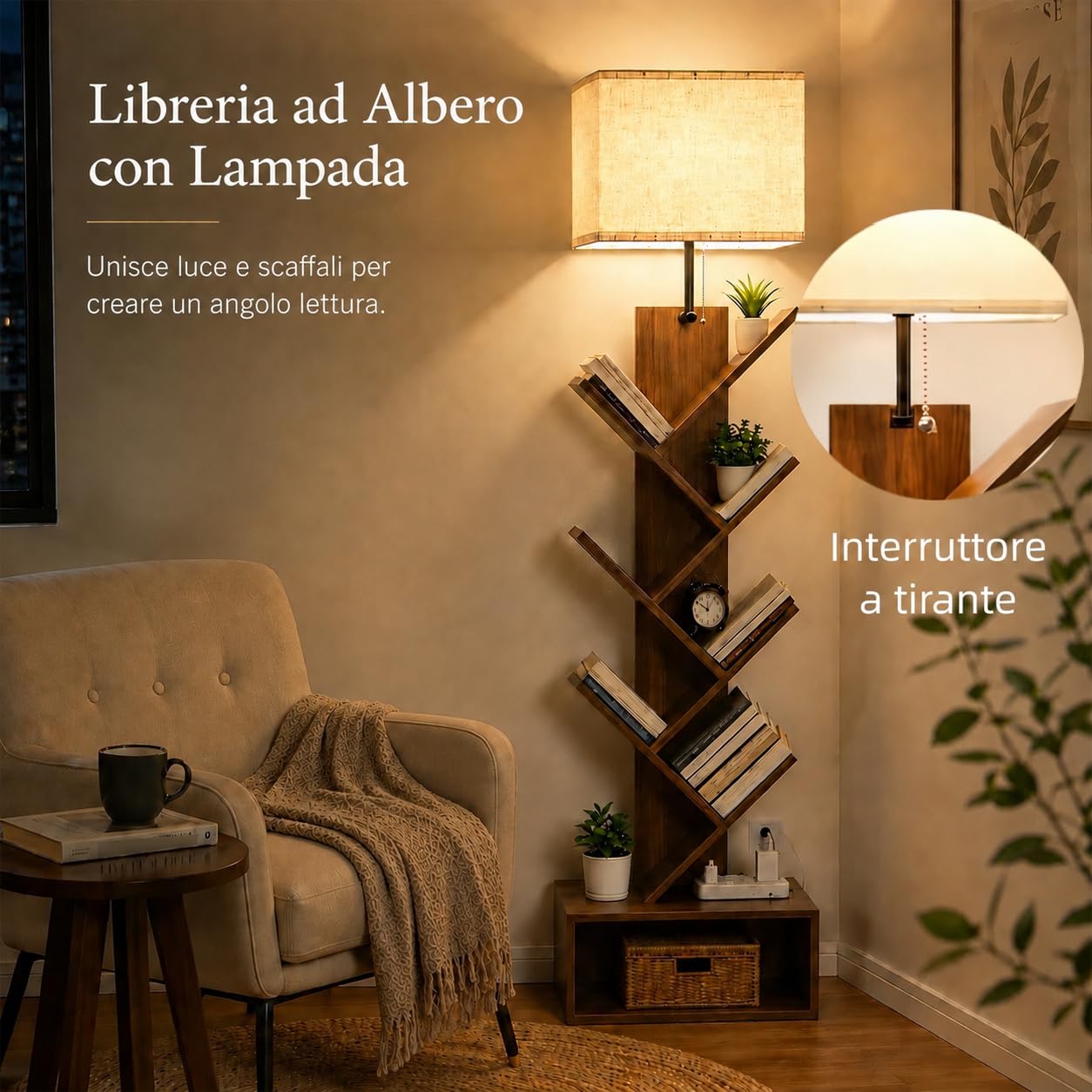 Libreria ad Albero a 6 Ripiani con Lampada da Terra, Lampadina LED E27 da 12 W e 3 Temperature di Colore, Scaffale Angolare Salvaspazio con Vano per Soggiorno, Camera, Studio e Piccoli Spazi