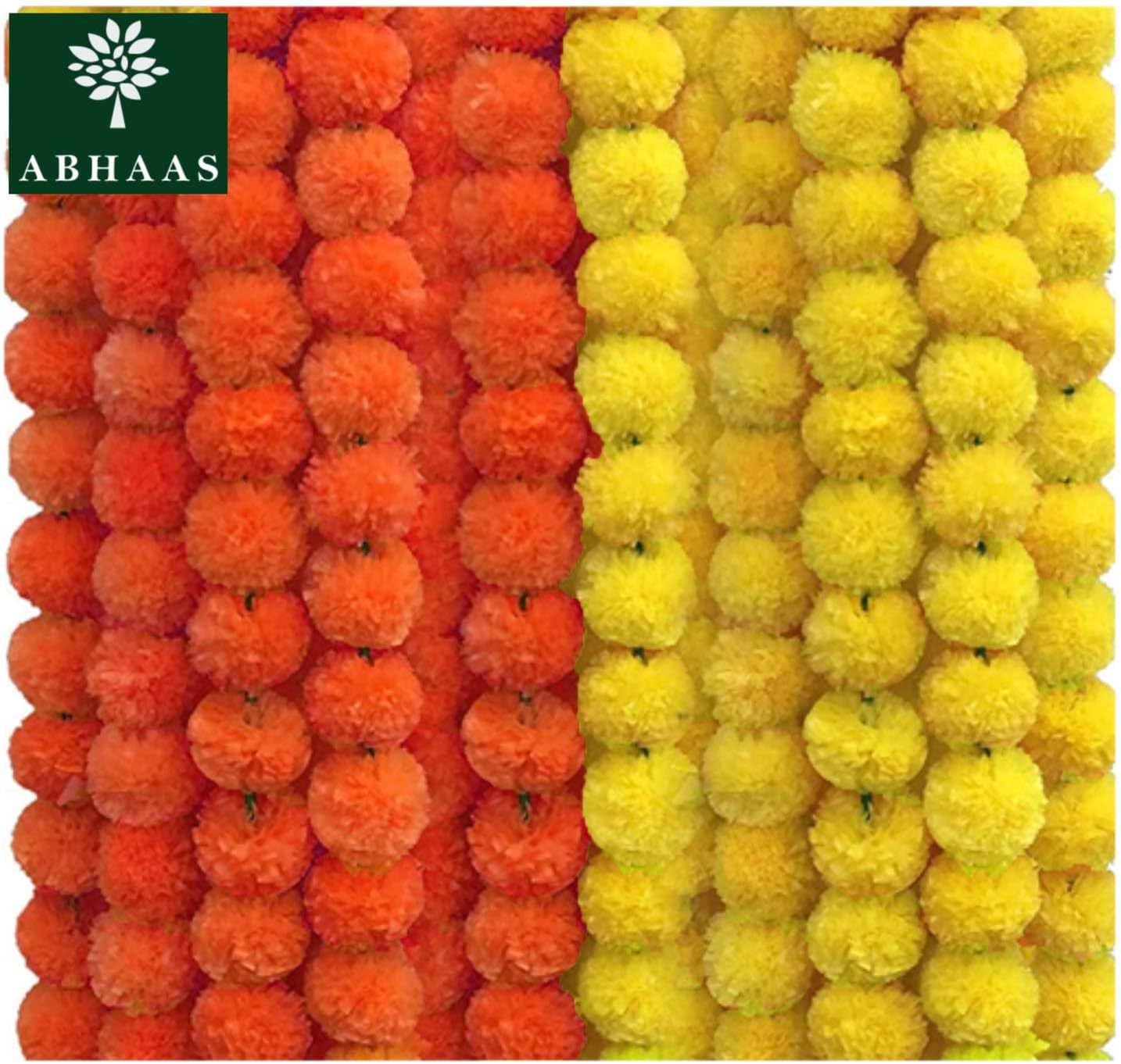 ABHAAS 10 Pcs Indian Handmade Artificial Marigold Garland Flowers for Decoration Long for Door Decoration Toran Genda Phool for Wedding/Festivals|4.5-4.9Ft| 5 Yellow + 5 Orange|10 Strings