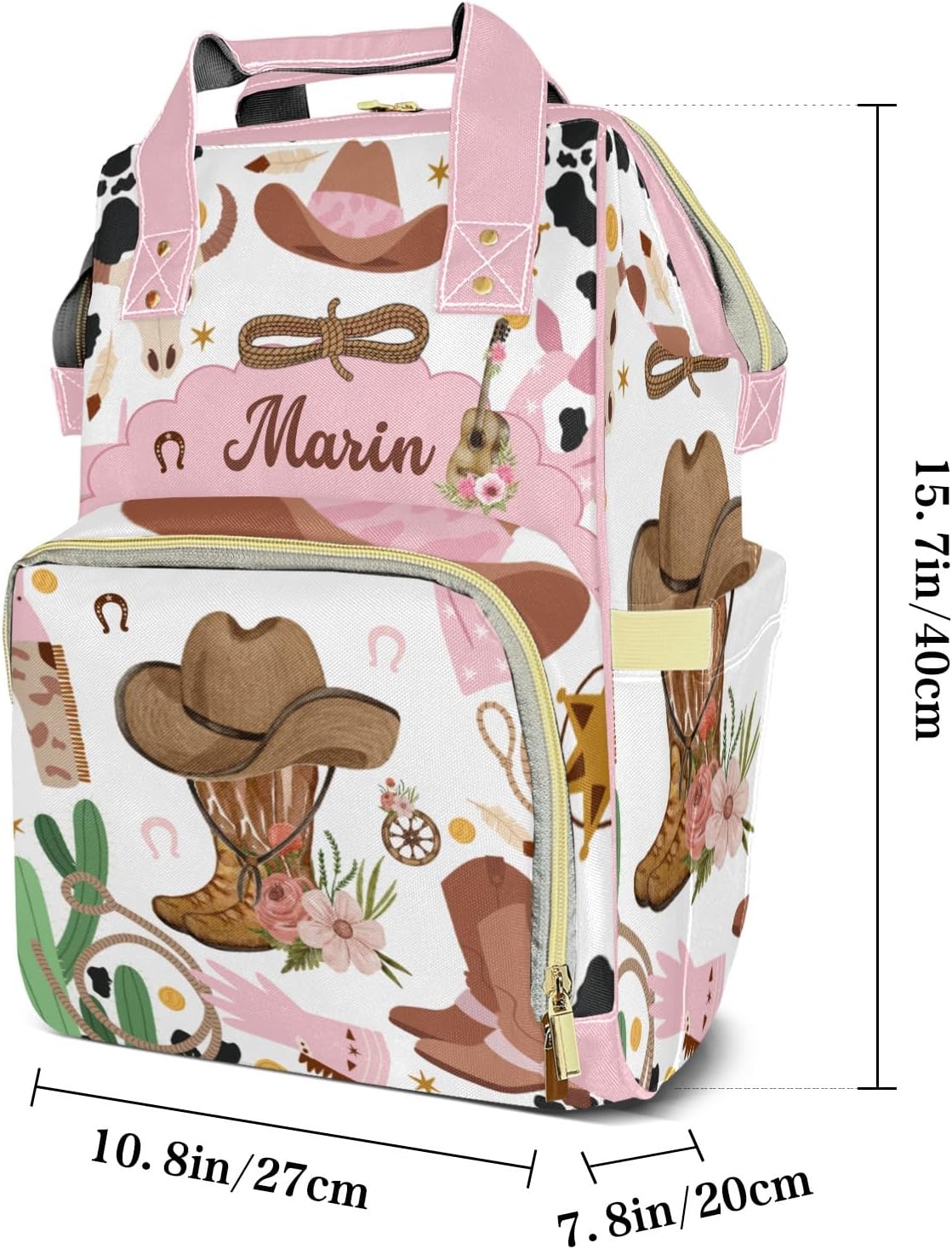 Cowgirl Hat Boots Rodeo Customizable Large Capacity Diaper Bag Personalized Name,Waterproof Multi-Function Mommy Bag with Thermal Pockets for Girls Boys