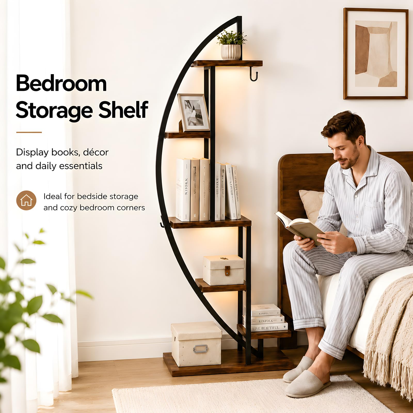 Bücherregal im Industrie Design mit LED Pflanzenlicht 1 Stück halbmodförmiges Eckregal Holz Metall schmales Standregal für Flur Wohnzimmer neben Sofa Schlafzimmer 50x30x160 cm