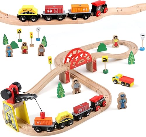 Juego de trenes de madera Qilay para niños pequeños - 39 piezas de vías de tren de madera con grúa, puente y 5 trenes de madera - Juguetes de trenes