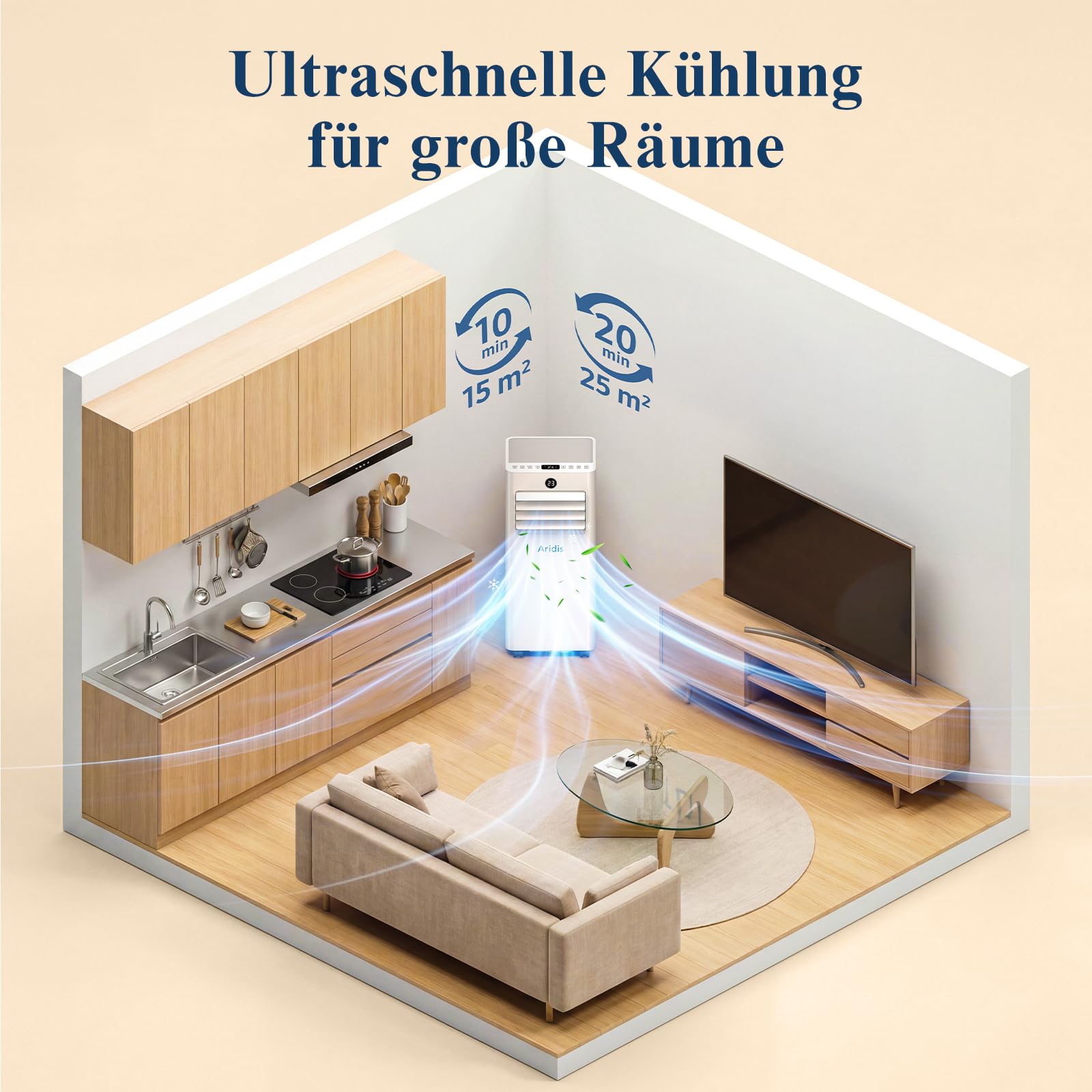 Mobile Klimaanlage 9000 BTU 4-in-1 mit LED Display & Fernbedienung, Fenstermontagesatz, Abluftschlauch, bis 88m³ (33㎡)
