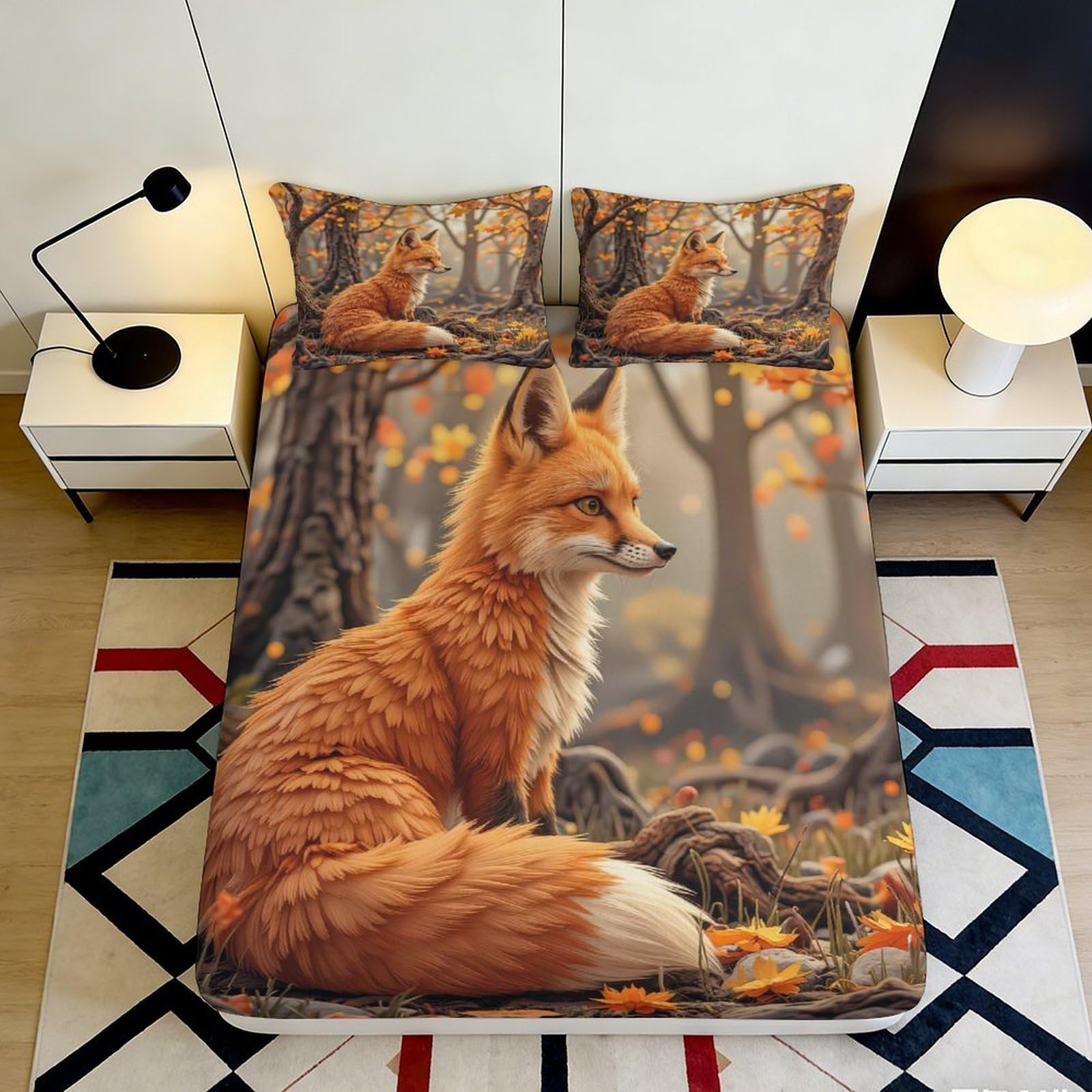 3D Printed Forest Fox Fitted Sheet Microfiber Non-Slip Deep Pocket Bedroom Bedding Forest Fox Mattress Fitted Cover Washable 120x200x25cm
