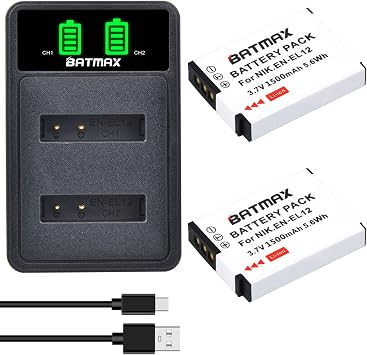 Batmax 2Pcs EN-EL12 Battery + Quick LED USB Dual Charger for ikon Coolpix A1000, B600, Coolpix AW130, A900, S710, S70, W300, S1200pj, S9900, S9500, S9300, S9200, S8200, S6300, S6200, S6100, S800C