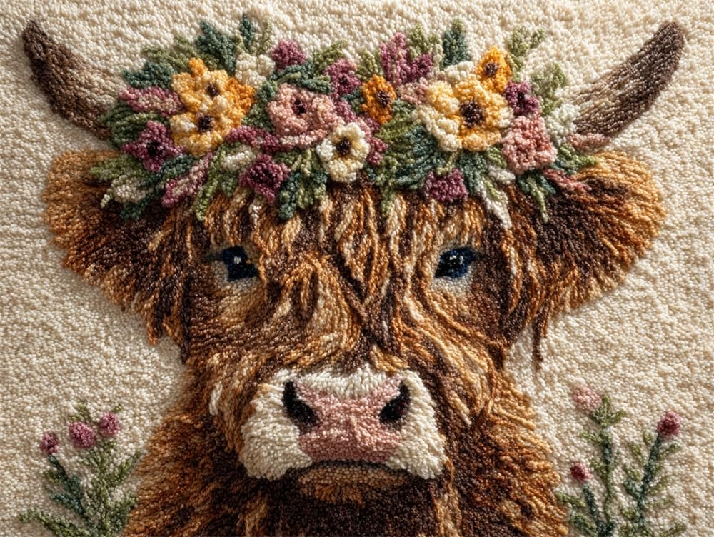 FWRTYCB Yarn Rug Hooking Kits Highland Cow Wearing A Flower Wreath 20X15Inch Latch