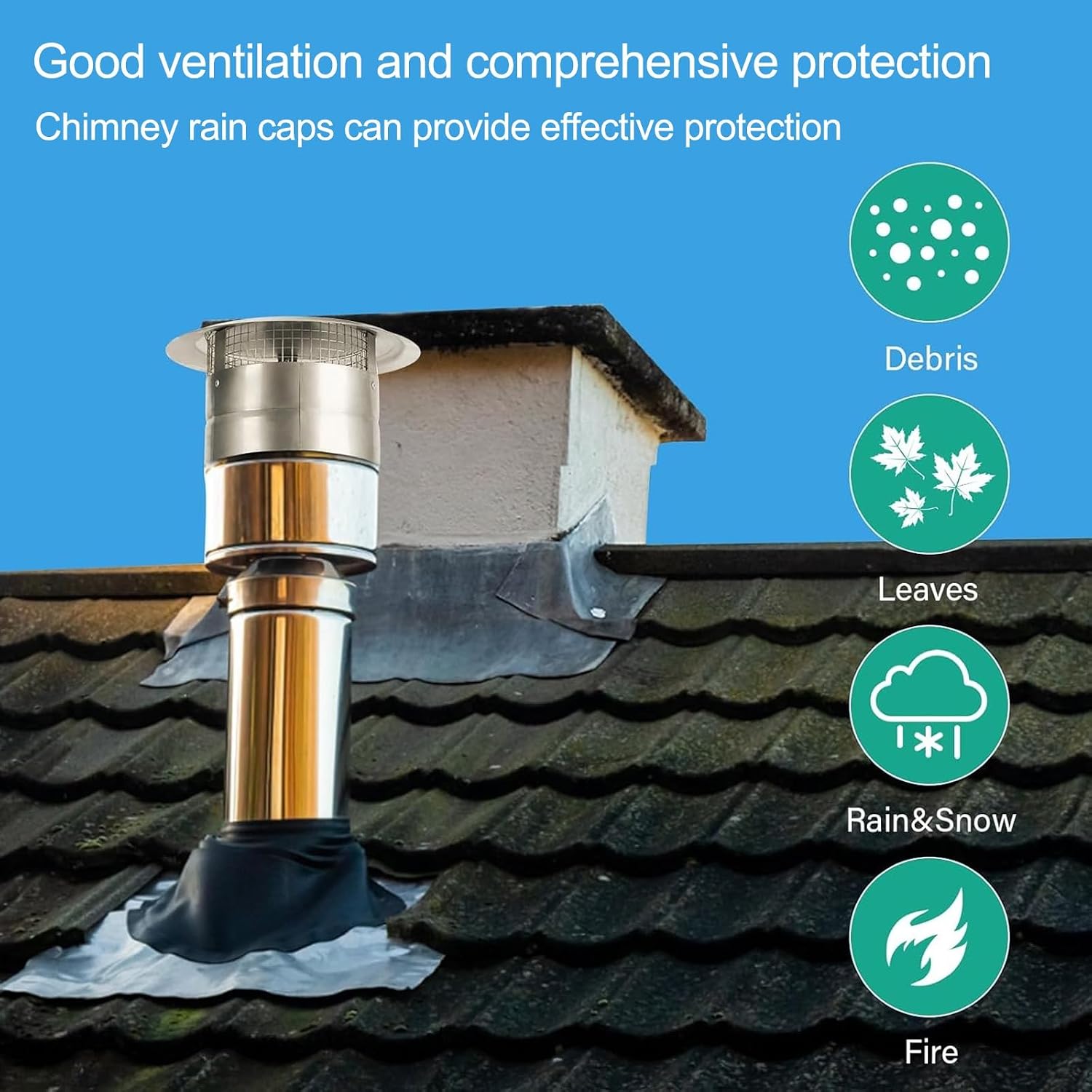 HARELA Fireplace Chimney Caps, Round Top Roof Chimney Cover Rain Cap, Outdoor Roof Stove Pipe Cover, Outdoor Ventilation Exhaust Vent Cap, Prevents Leaves and Rain Accumulation