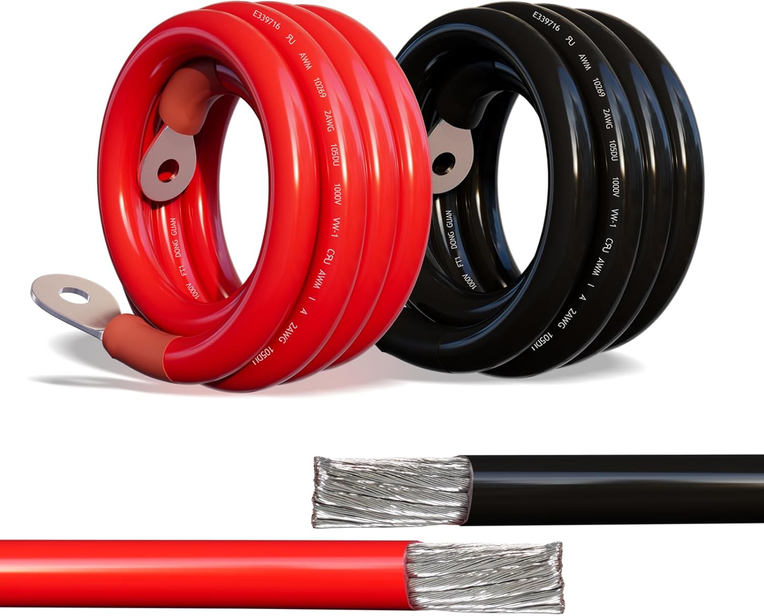 2 Gauge Battery Cable, 3FT 2 AWG Battery Cable Wire with 5/16" Terminals, Pure Copper Welding Cable Inverter Cables, for Automotive Solar Marine Boat Motorcycle (2AWG 3FT Red + 3FT Black)