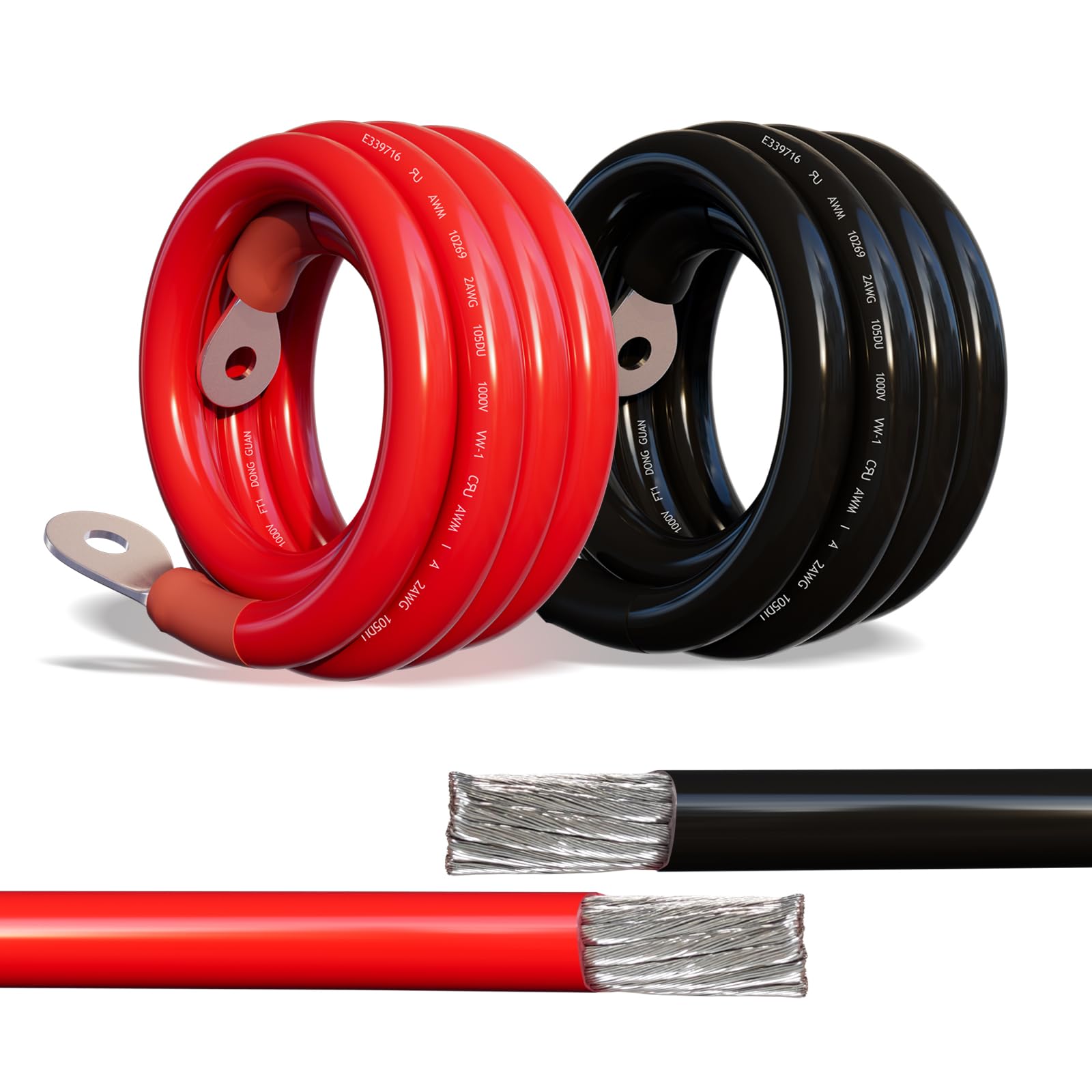 Junbpaw 2 Gauge Battery Cable, 3FT 2 AWG Battery Cable Wire with 5/16" Terminals, Pure Copper Welding Cable Inverter Cables, for Automotive Solar