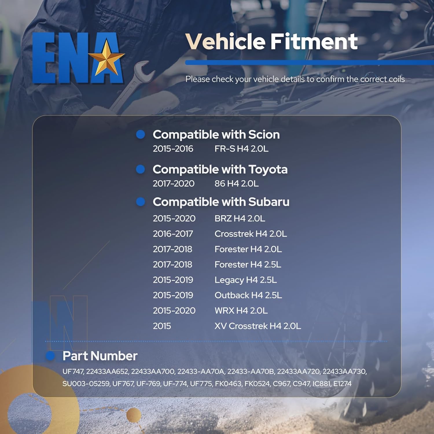 ENA Set of 4 Ignition Coil Pack Compatible with Toyota 86 Subaru WRX BRZ Outback Forester Legacy Crosstrek Scion FR-S 2015 2016 2017 2018 2019 2020 2.0L 2.5L H4 Replacement for UF747 22433AA720 C967