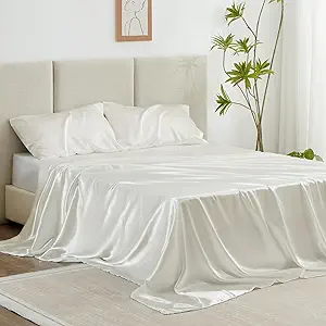 Love's cabin Twin Silky Soft Satin Bed Sheet Set - 3 Piece, Ivory, Luxury Fitted & Flat Sheets, Deep Pockets, Envelope Closure, 1800 Thread Count, Cooling, Breathable, Hypoallergenic