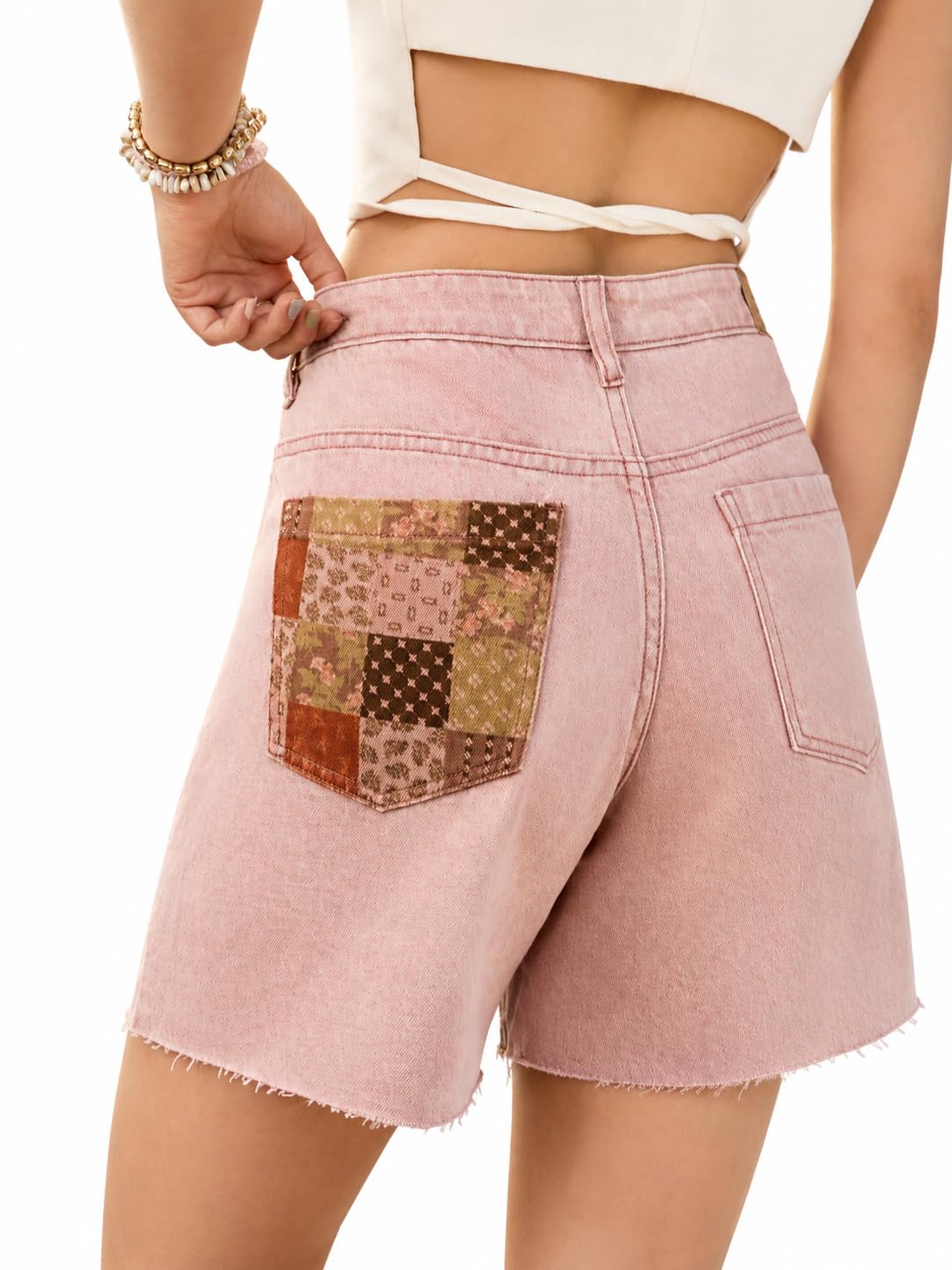 the souled store Pink Lemonade Women Buttoned Waistband Light Pink Patchwork Cotton Denim Regular Fit Raw Hem High Rise Lightweight Everyday All-Season Casual Denim Shorts-picture-10