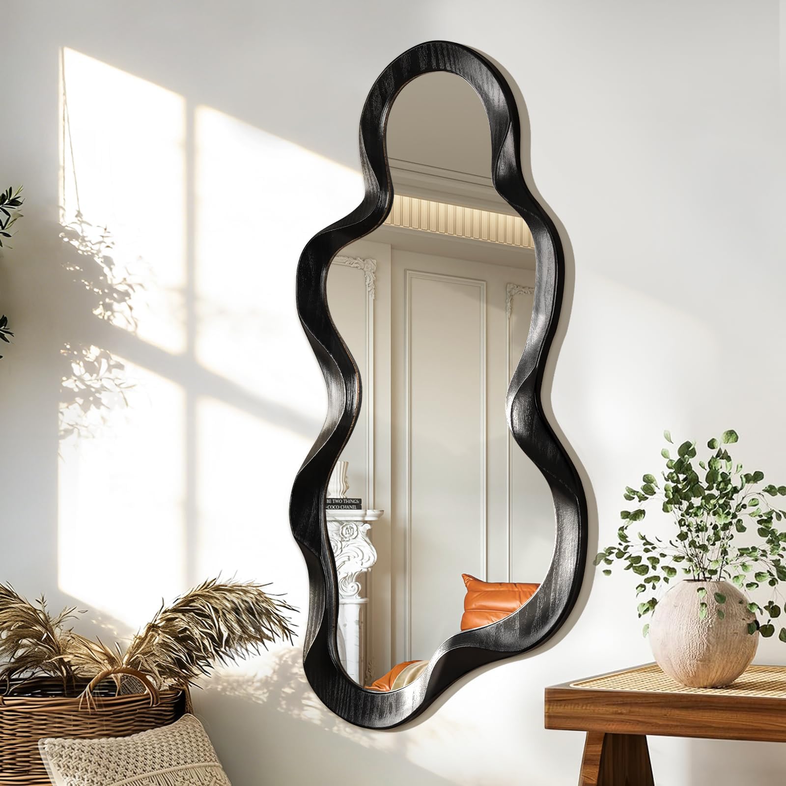 Asymmetrical Mirrors for Wall Mounted Unique Cloud Wood Frame Irregular Mirror Modern Bedroom Living Room Vanity Entryway Hallway Decorative Artistic Wall Mirror