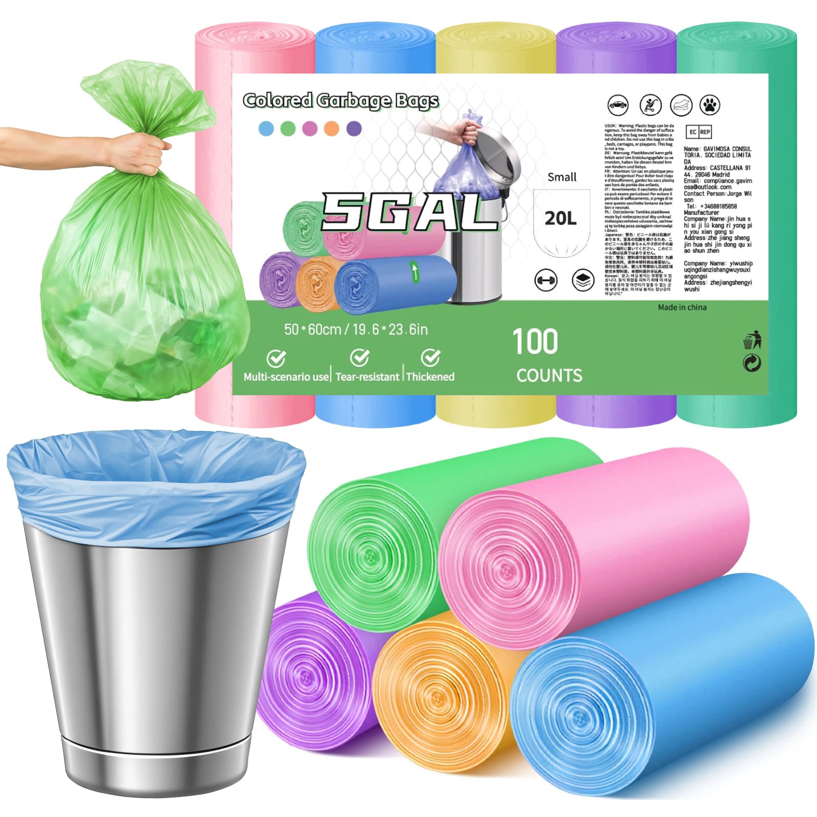 Sac poubelle 20L coloré lot de 100 pièces à ouverture plate étanche pour maison