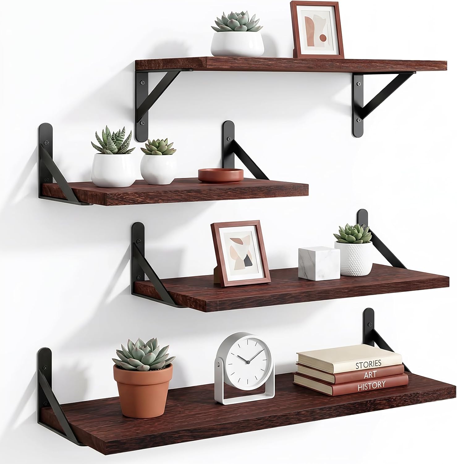 YGEOMER 4 Different Sizes Floating Shelves for Wall Decor, Walnut Red Brown