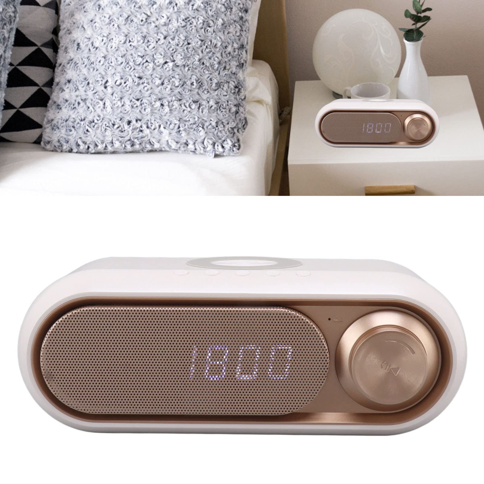 Reloj Despertador Digital, Radio Reloj Despertador con Altavoz Bluetooth de Carga Inalámbrica LED Reloj Despertador Digital Simple y Moderno Altavoz de Radio FM con Cargador (Spray Oro 10W)