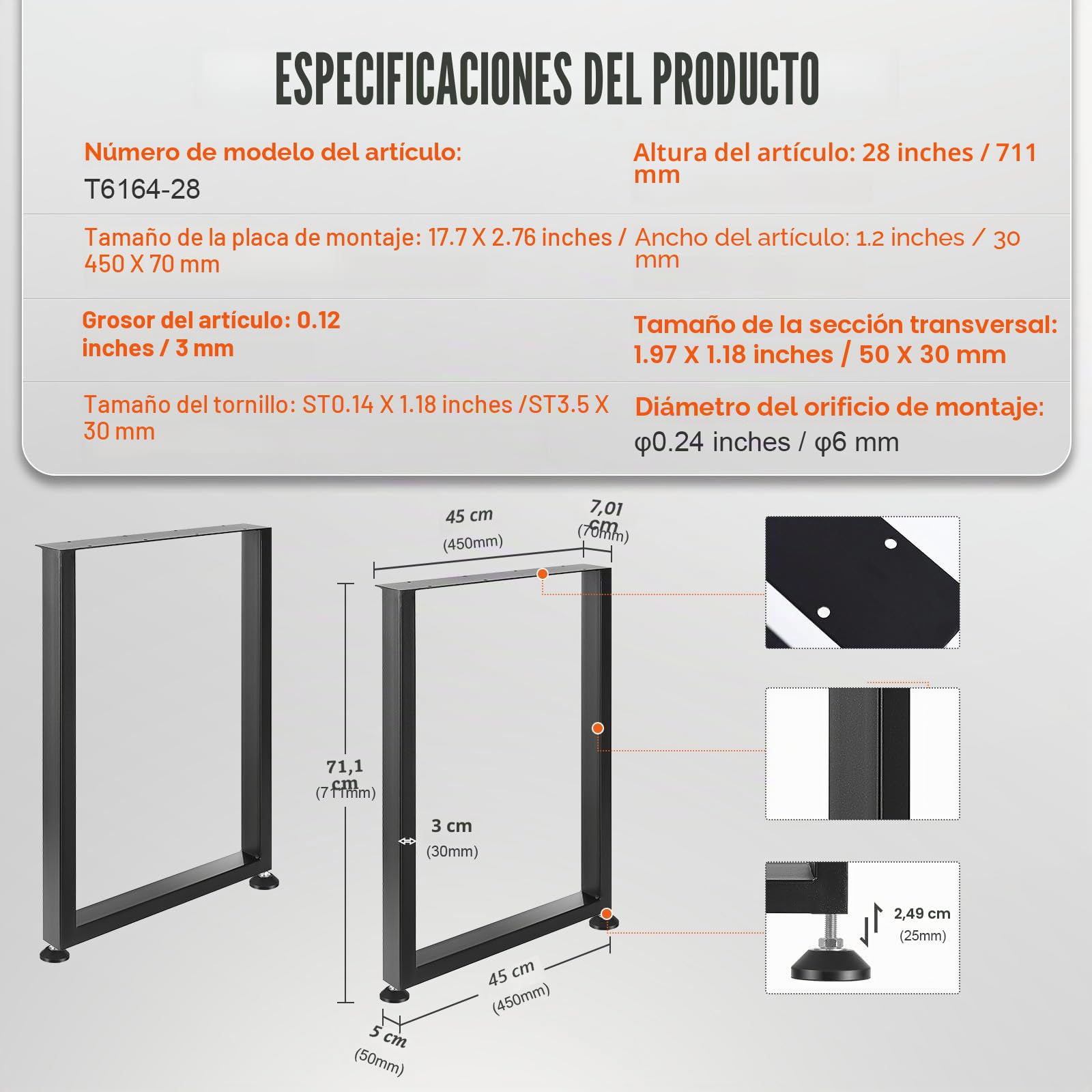 VEVOR Patas de Mesa 2 Piezas Patas de Escritorio Ajustables Cuadradas 711 mm Capacidad de Carga 454 kg de Acero Sólido Patas de Muebles con Muchos Accesorios para Hogar, Oficina, Comedor, Negro