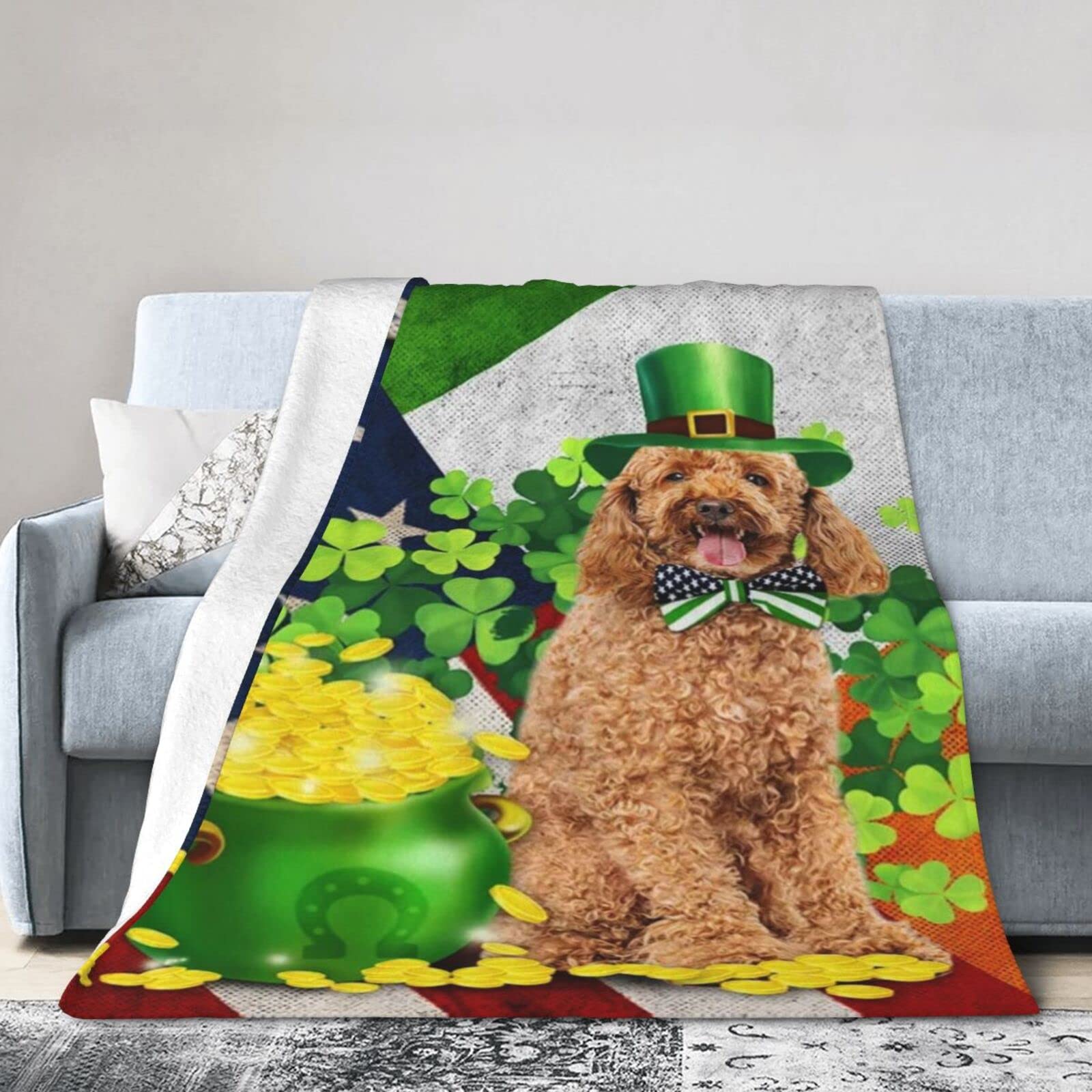 Lsjuee Flannel Fleece Blanket 60"X50" Poodle – Happy St. Patrick Day Bed Throw Blanket Lightweight Ultra-Soft Travel Spring Blankets for Couple Keep Warm