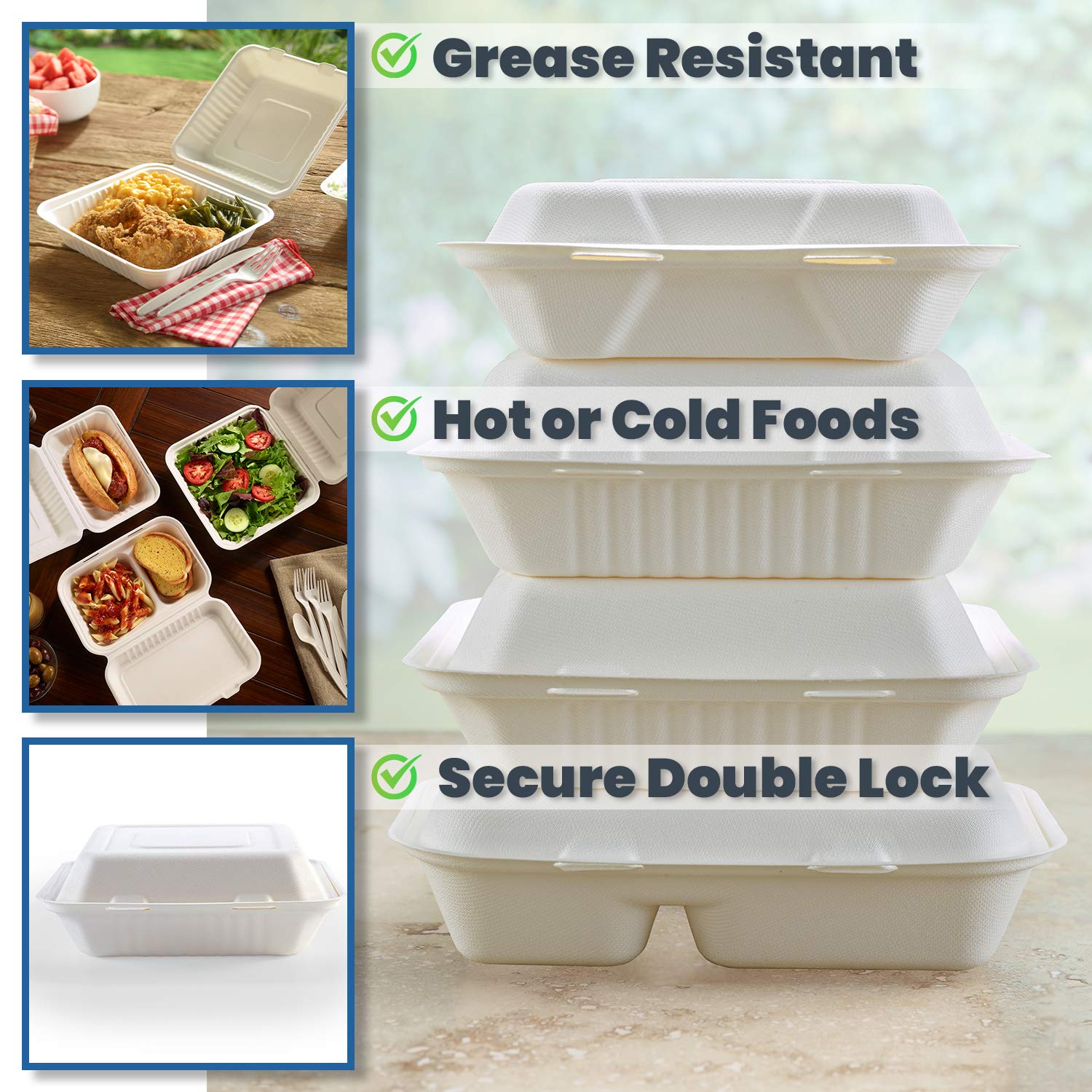 Vallo 100% Compostable Clamshell To Go Boxes For Food [8X8 1-Compartment 50-Pack] Disposable Take Out Containers, Made of Biodegradable Sugar Cane, Eco-Friendly Bagasse, Heavy-Duty ToGo Containers