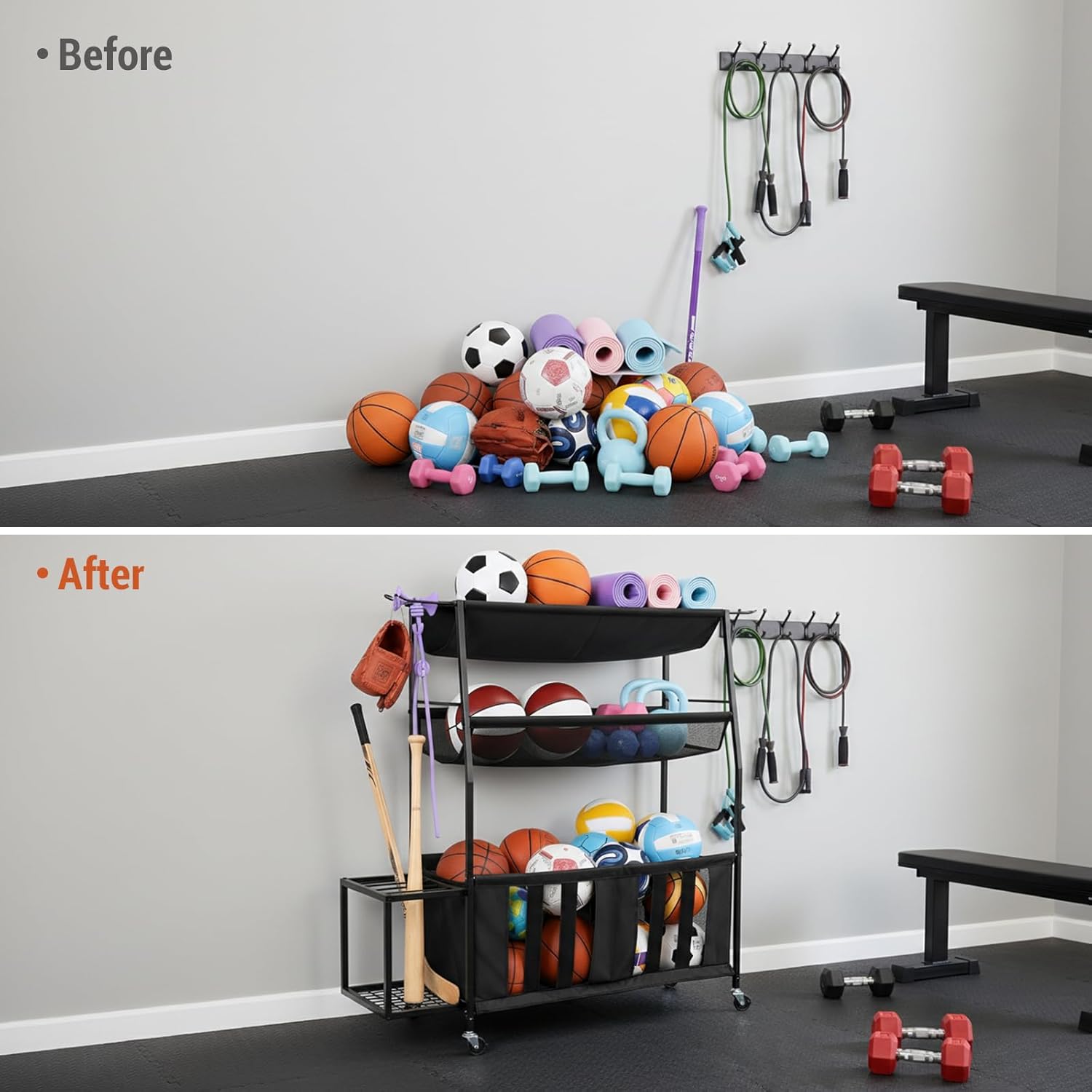 MyGift Garage Sports Equipment Organizer, 3 Tier Metal Ball Storage Bin with Wheels and Mesh Fabric Shelf Baskets, Rolling Gym Equipment Yoga Mat Storage Stand with Ball Toy Bins and 6 Hooks