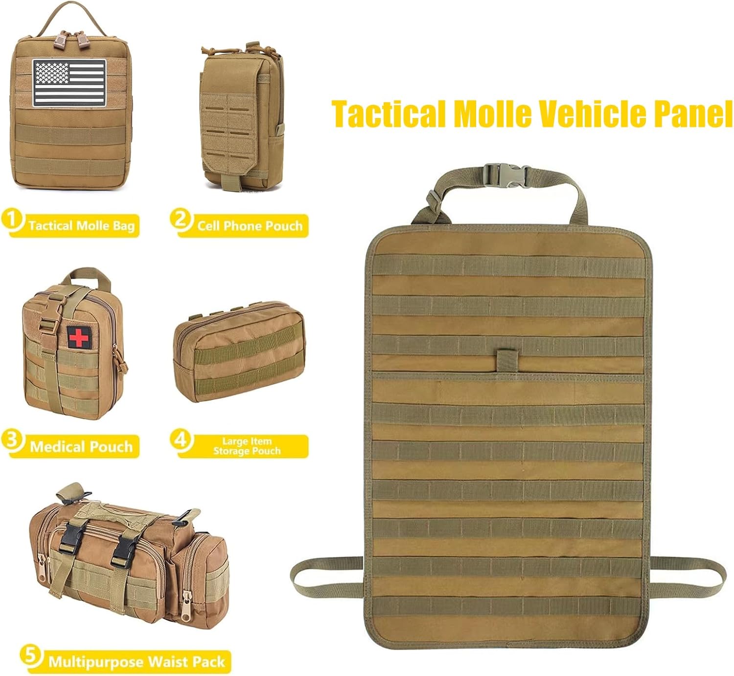 Tactical Car Seat Back Organizer Hanger Bag with 5 Detachable Molle Pouch Vehicle Molle Panel Organizer Storage Bag Universal for for most car models (Khaki)