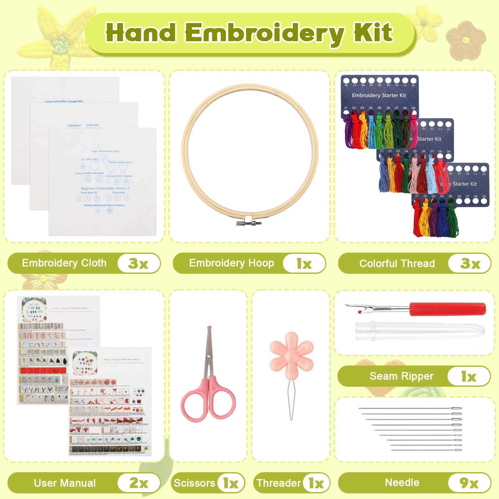 Set Ricamo Per Principianti 3 Pezzi - Kit Completo Con Telaio, Fili Colorati, Forbici E Aghi - Impara 34 Punti E Crea Le Tue Opere Fai Da Te - 2