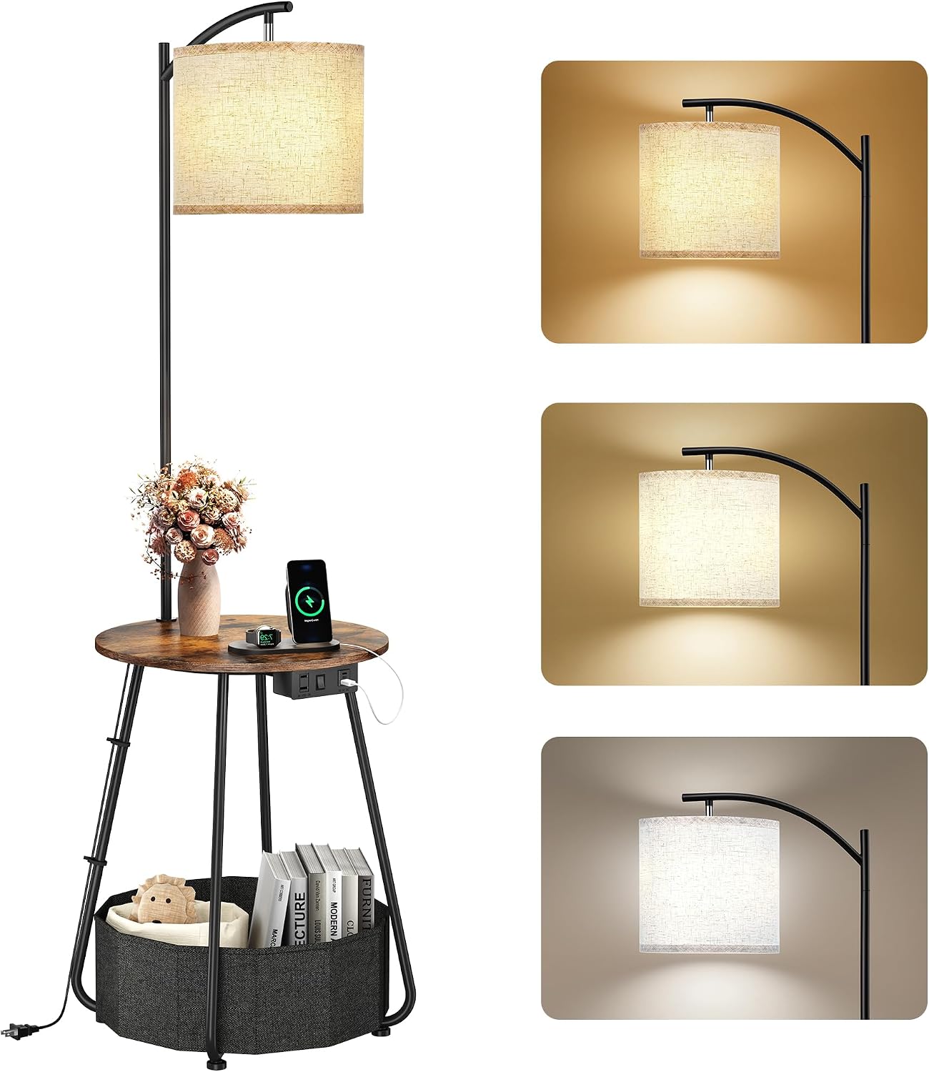 LUTEC Floor Lamp with Table, End Table with Charging Station(USB & Type-C & AC Port), Round SideTable with Fabric Basket, 3 Color Temperatures 9W LED Bulb, Modern Nightstand for Bedroom, Living Room
