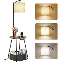 LUTEC Floor Lamp with Table, End Table with Charging StationUSB & Type-C & AC Port, Round SideTable with Fabric Basket, 3 Color Temperatures 9W LED Bulb, Modern Nightstand for Bedroom, Living Room