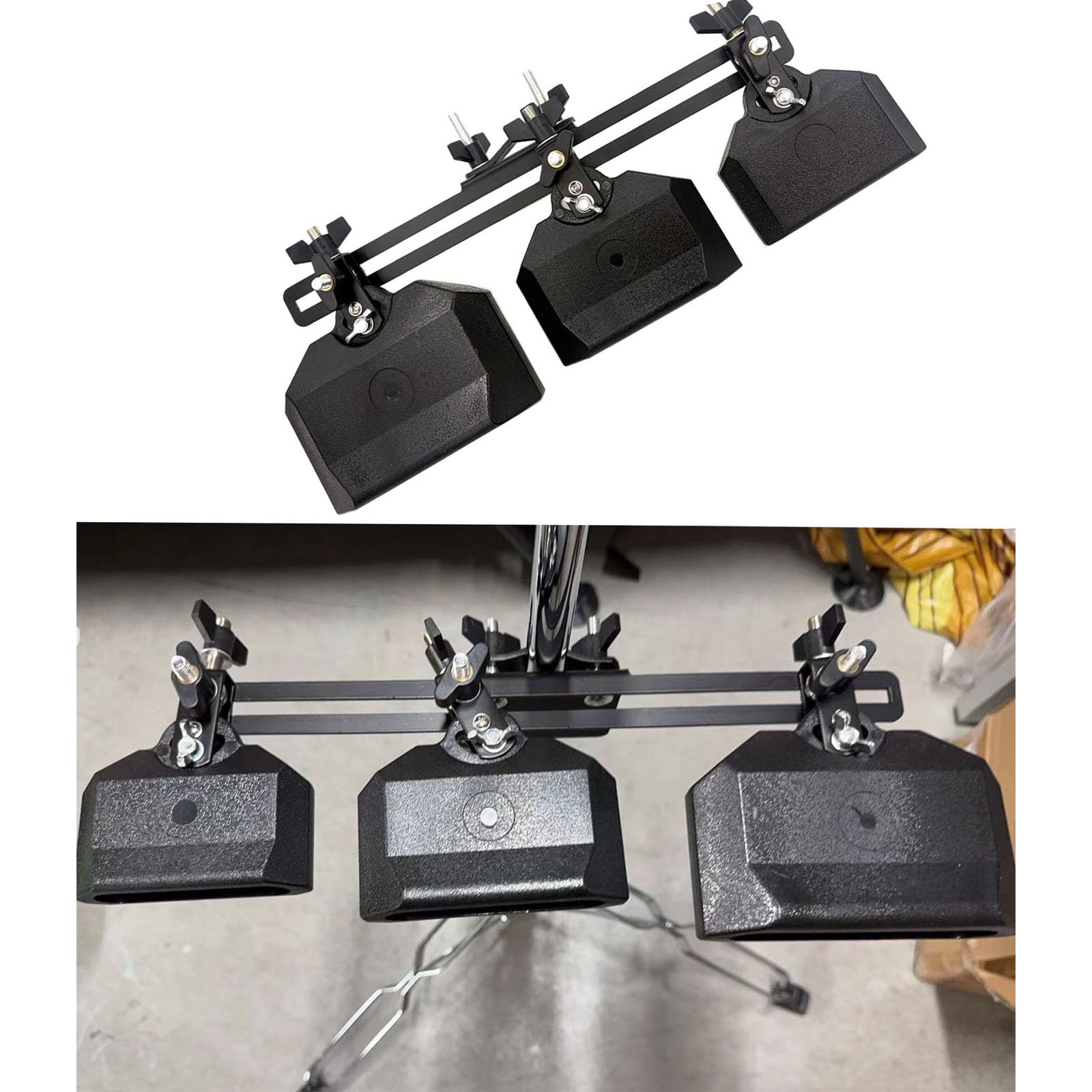 Jiayouy Percussion Jam Block Set con morsetto di montaggio, in plastica, nero, toni alti, medi, bassi, campanacci con staffa di montaggio per batteria