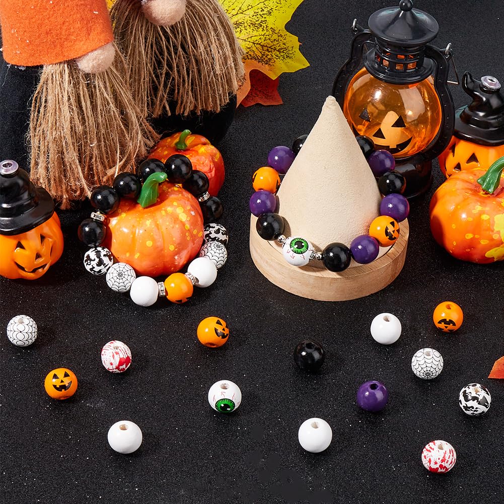 210 pz. Perline di Legno di Halloween Perline di Legno Natalizie Rotonde Perline Distanziatrici Ghirlanda Ornamenti Pendenti con Corda di Iuta per Creazione di Gioielli Forniture Fai Da Te Co