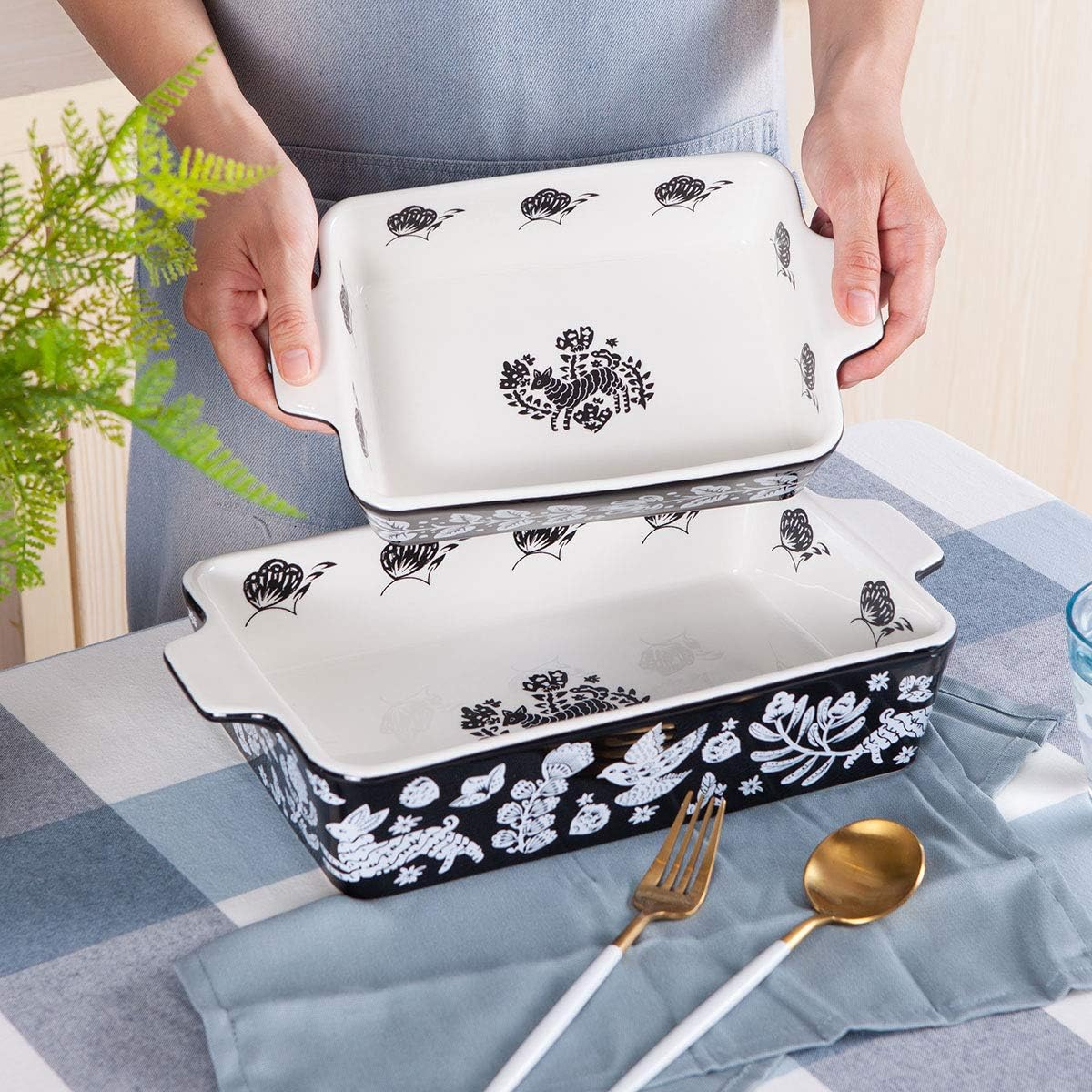 Bakeware Set,SIDUCAL 2 Piece Ceramic Baking Dish Set,Rectangular Home Cookware Pans with Double Handle,Casserole Dish for Cooking,Kitchen,Dinner Daily Use,Black