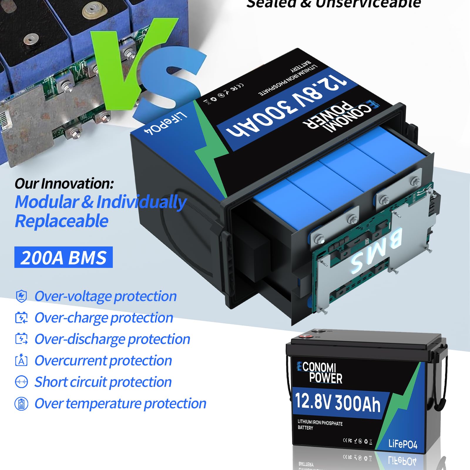 batterie lithium 12v 300ah lifepo4, 200A BMS intégré, 8000+ Cycle profond lifepo4, 3840Wh Energie pour moteur de pêche à la traîne, camping-car, marine, solaire et hors-réseau