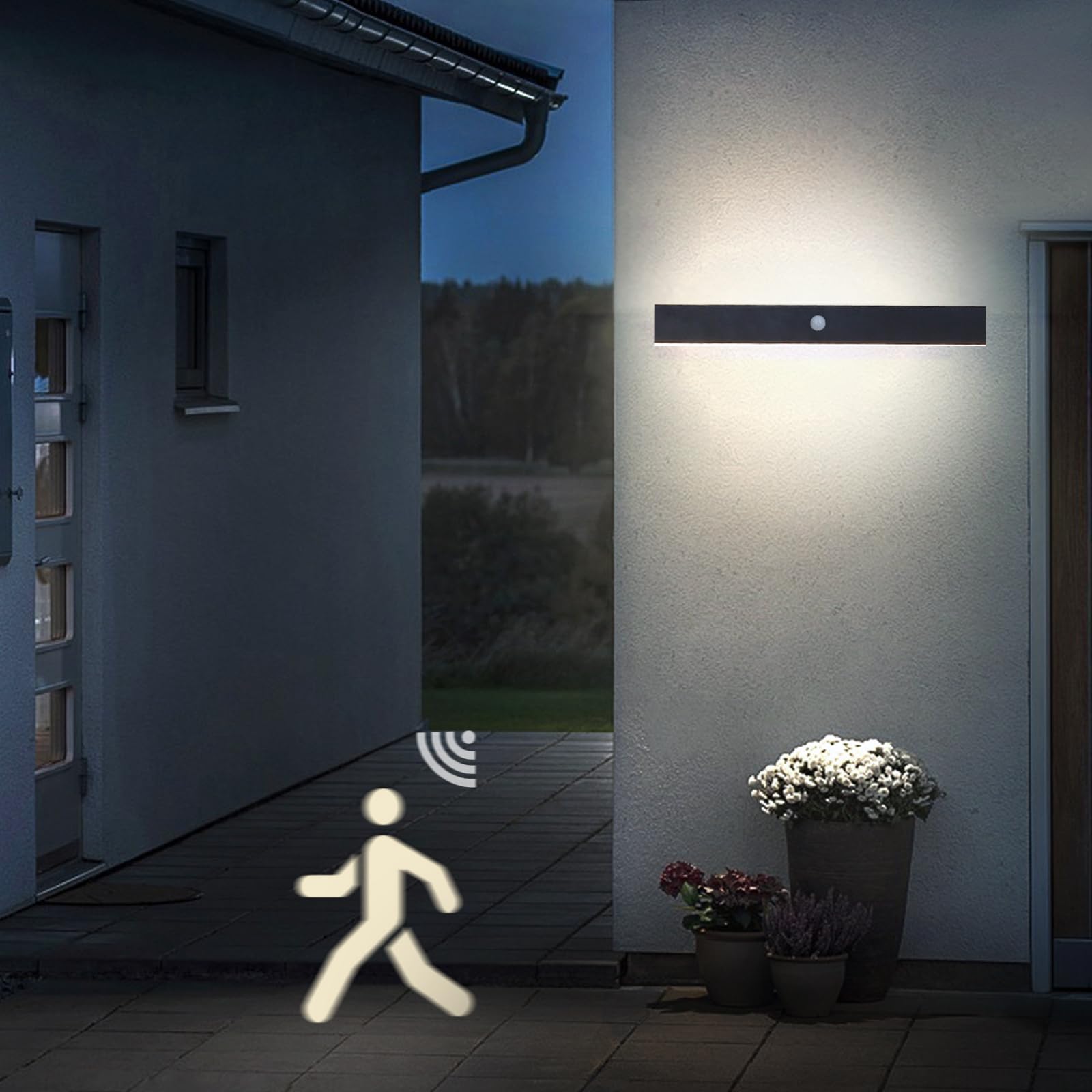 LED Luminaire Exterieur Murale Détecteur de Mouvement Longue Applique Murale 80CM Noir Etanche Lampe Murale Moderne Éclairage Mural Porch Garage Patio, Blanc Naturel 4000K 25W